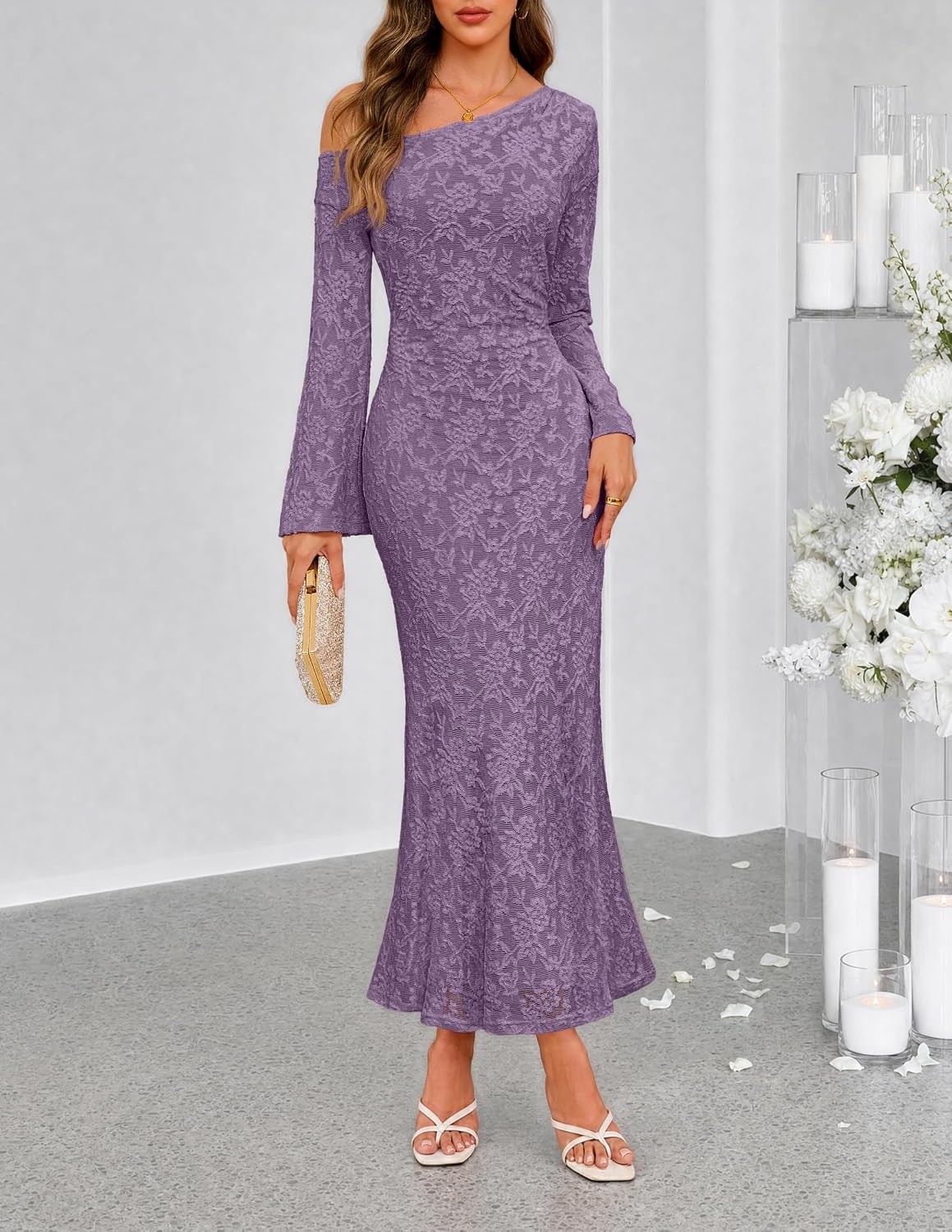 image:imageMEROKEETY Womens Lace Off The Shoulder Wedding Guest Maxi Dress 2026 Floral Jacquard Bell Long Sleeve Fitted Bodycon Ruched Lined Elegant Formal Outfifs Cocktail Party Date Night DressesPurple