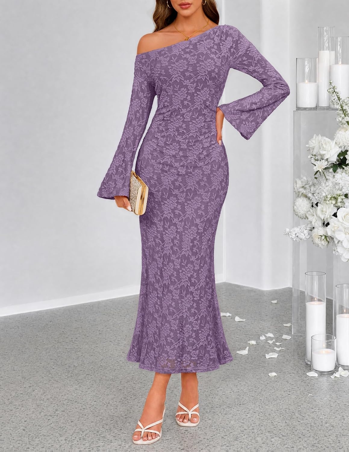 image:imageMEROKEETY Womens Lace Off The Shoulder Wedding Guest Maxi Dress 2026 Floral Jacquard Bell Long Sleeve Fitted Bodycon Ruched Lined Elegant Formal Outfifs Cocktail Party Date Night DressesPurple