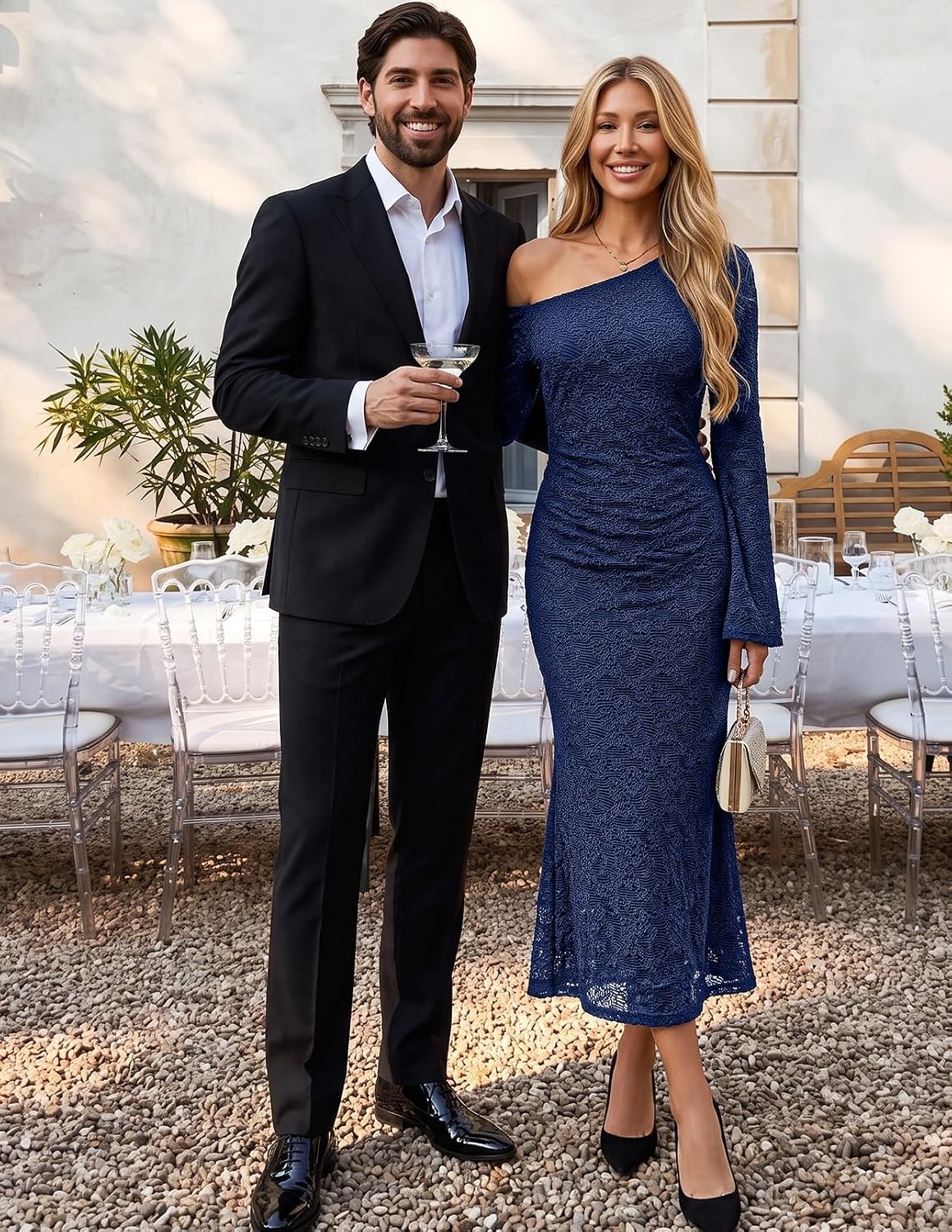 image:imageMEROKEETY Womens Lace Off The Shoulder Wedding Guest Maxi Dress 2026 Floral Jacquard Bell Long Sleeve Fitted Bodycon Ruched Lined Elegant Formal Outfifs Cocktail Party Date Night DressesNavy