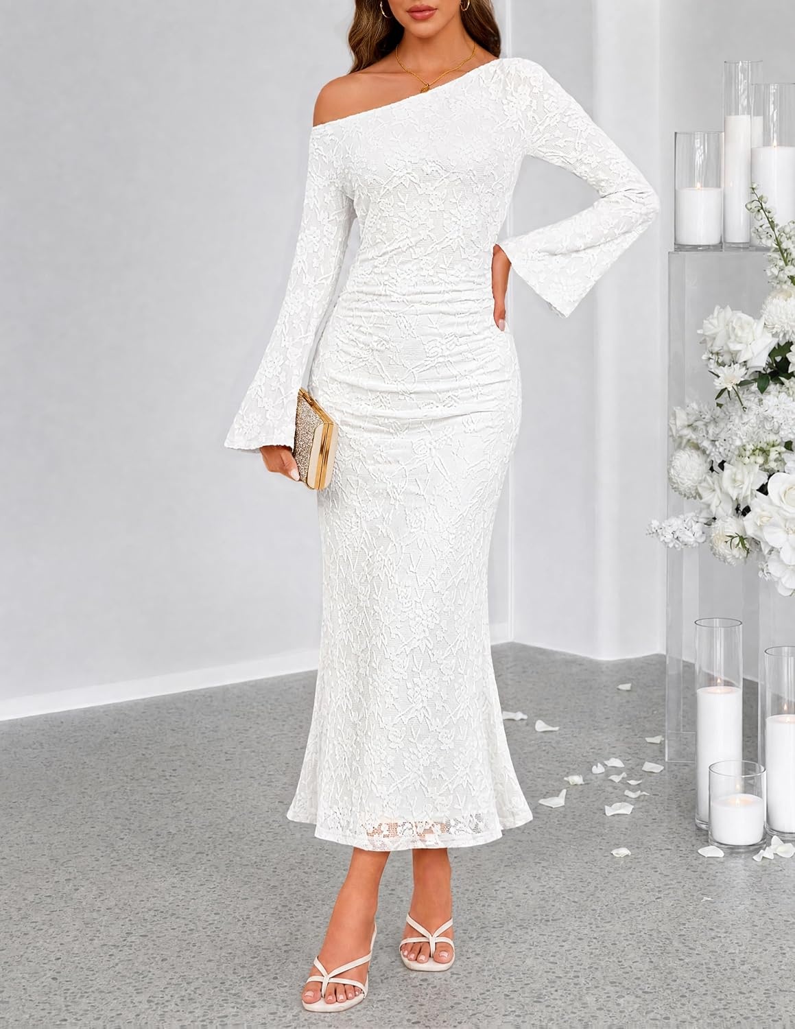 image:imageMEROKEETY Womens Lace Off The Shoulder Wedding Guest Maxi Dress 2026 Floral Jacquard Bell Long Sleeve Fitted Bodycon Ruched Lined Elegant Formal Outfifs Cocktail Party Date Night DressesWhite