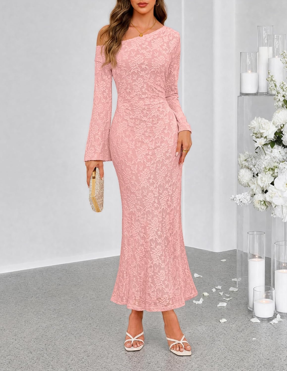 image:imageMEROKEETY Womens Lace Off The Shoulder Wedding Guest Maxi Dress 2026 Floral Jacquard Bell Long Sleeve Fitted Bodycon Ruched Lined Elegant Formal Outfifs Cocktail Party Date Night DressesPink