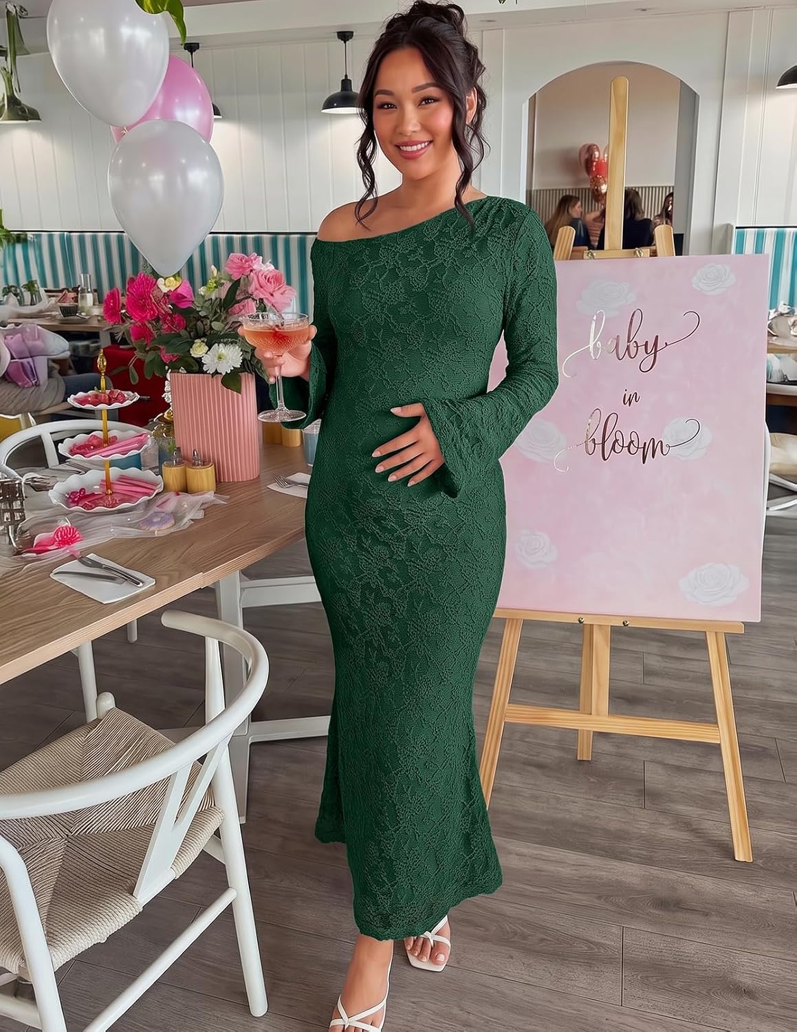 image:imageMEROKEETY Womens Lace Off The Shoulder Wedding Guest Maxi Dress 2026 Floral Jacquard Bell Long Sleeve Fitted Bodycon Ruched Lined Elegant Formal Outfifs Cocktail Party Date Night DressesDarkgreen
