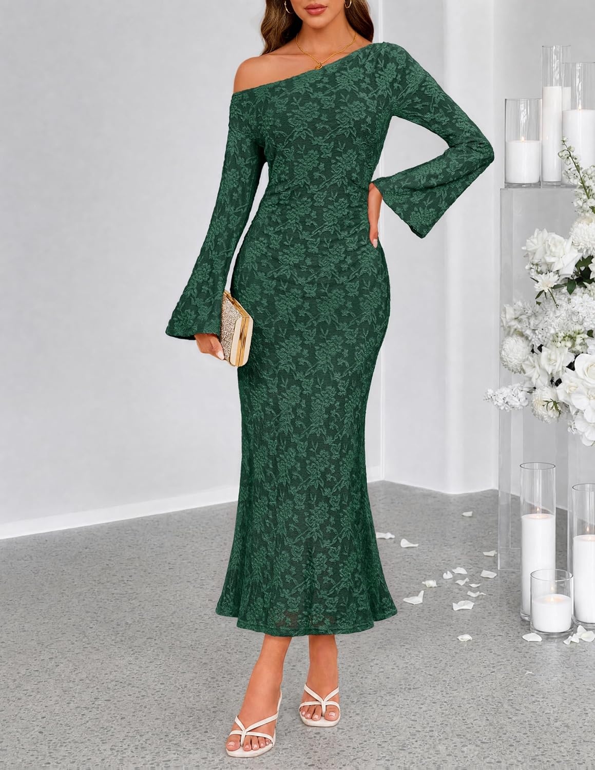 image:imageMEROKEETY Womens Lace Off The Shoulder Wedding Guest Maxi Dress 2026 Floral Jacquard Bell Long Sleeve Fitted Bodycon Ruched Lined Elegant Formal Outfifs Cocktail Party Date Night DressesDarkgreen