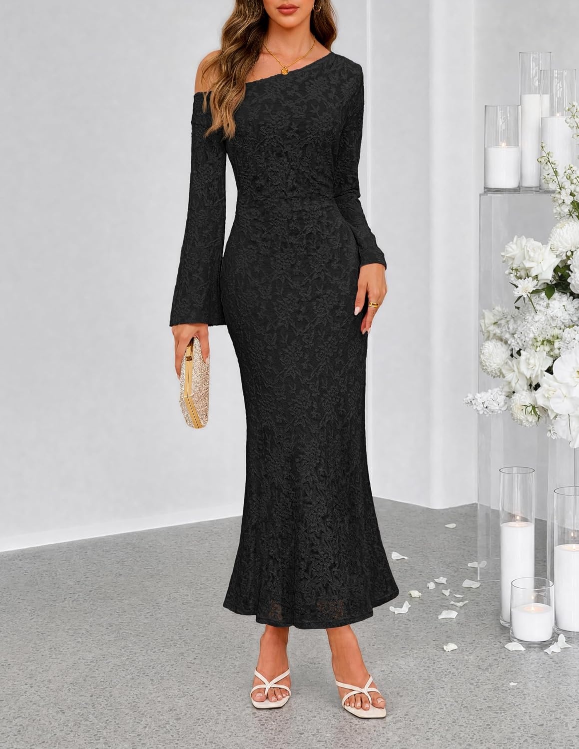 image:imageMEROKEETY Womens Lace Off The Shoulder Wedding Guest Maxi Dress 2026 Floral Jacquard Bell Long Sleeve Fitted Bodycon Ruched Lined Elegant Formal Outfifs Cocktail Party Date Night DressesBlack