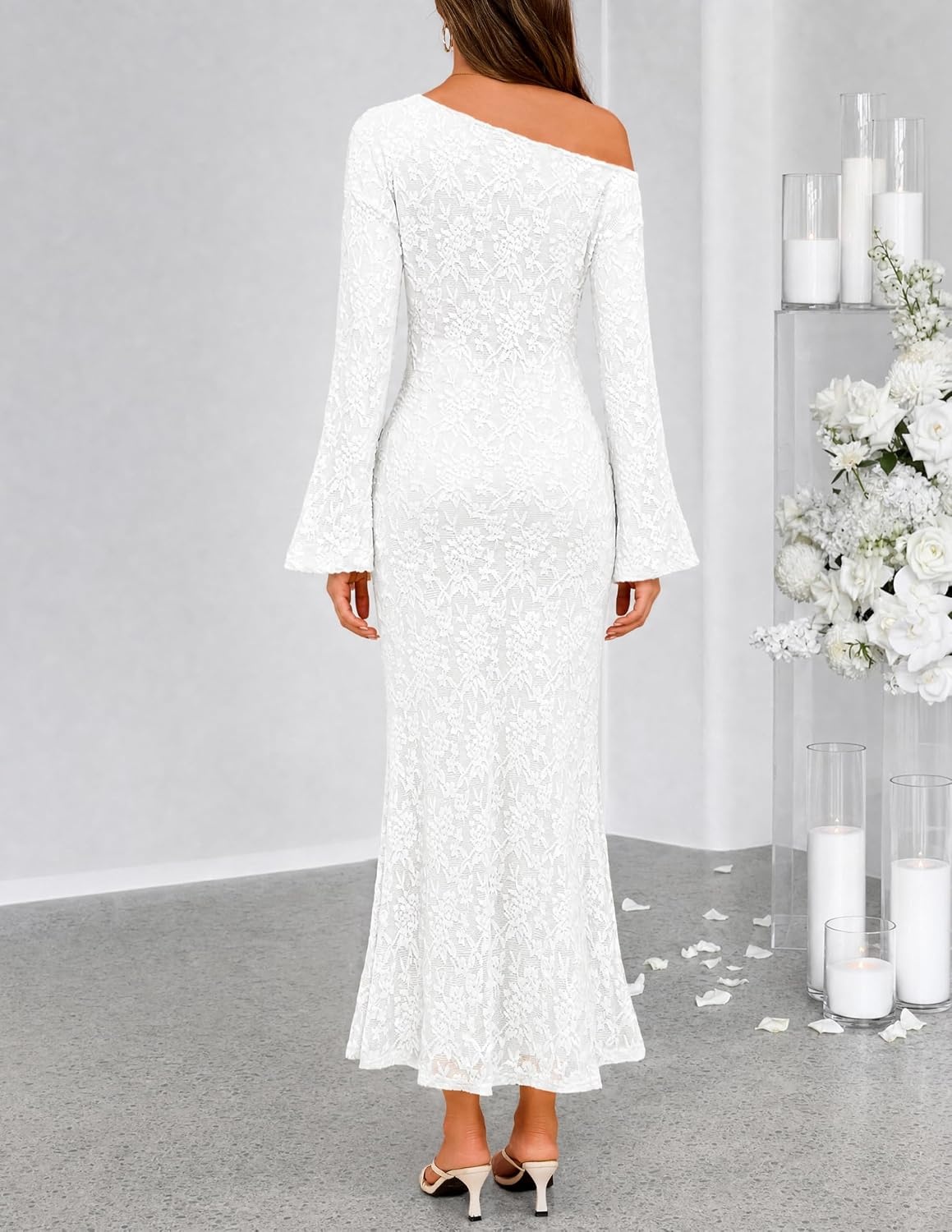 image:imageMEROKEETY Womens Lace Off The Shoulder Wedding Guest Maxi Dress 2026 Floral Jacquard Bell Long Sleeve Fitted Bodycon Ruched Lined Elegant Formal Outfifs Cocktail Party Date Night DressesWhite