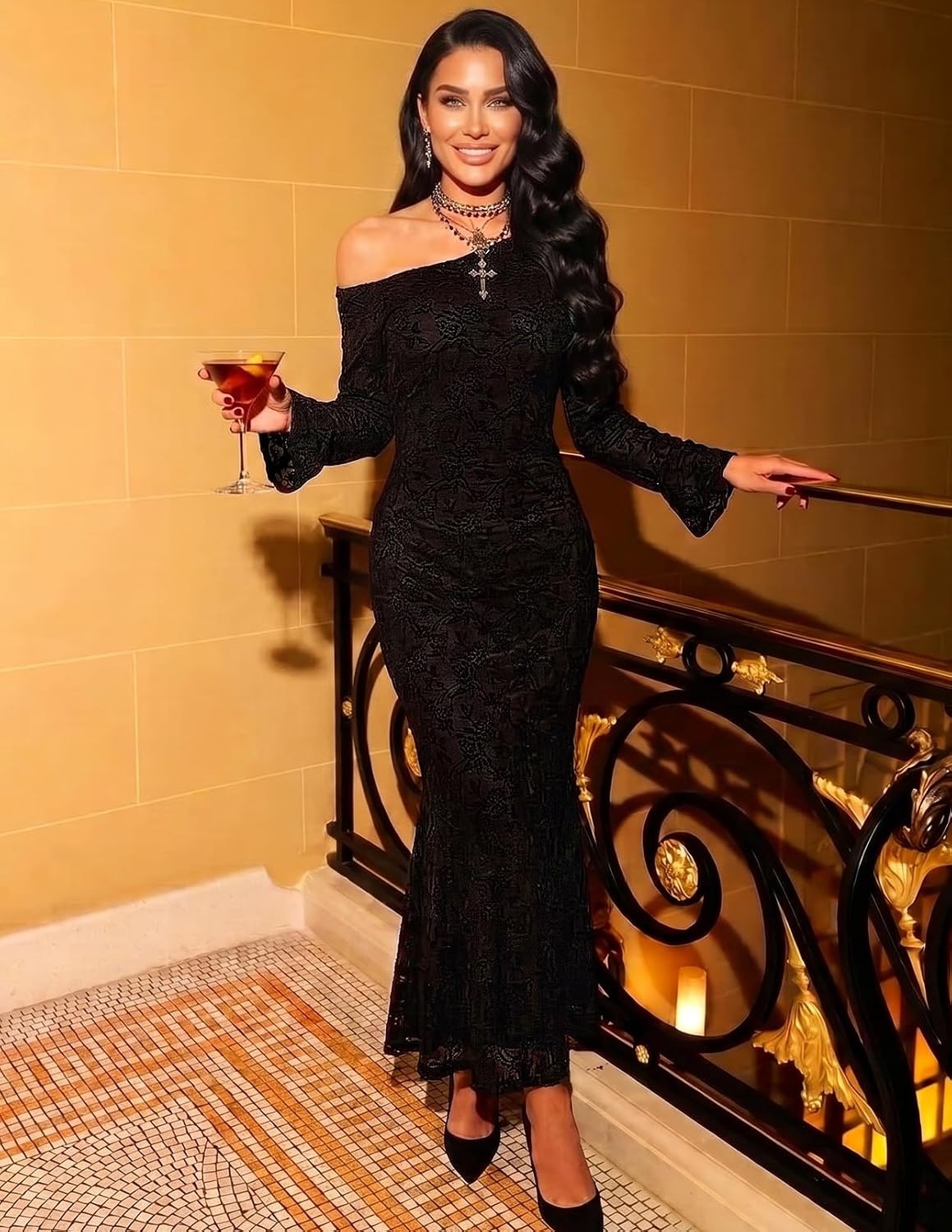 image:imageMEROKEETY Womens Lace Off The Shoulder Wedding Guest Maxi Dress 2026 Floral Jacquard Bell Long Sleeve Fitted Bodycon Ruched Lined Elegant Formal Outfifs Cocktail Party Date Night DressesBlack