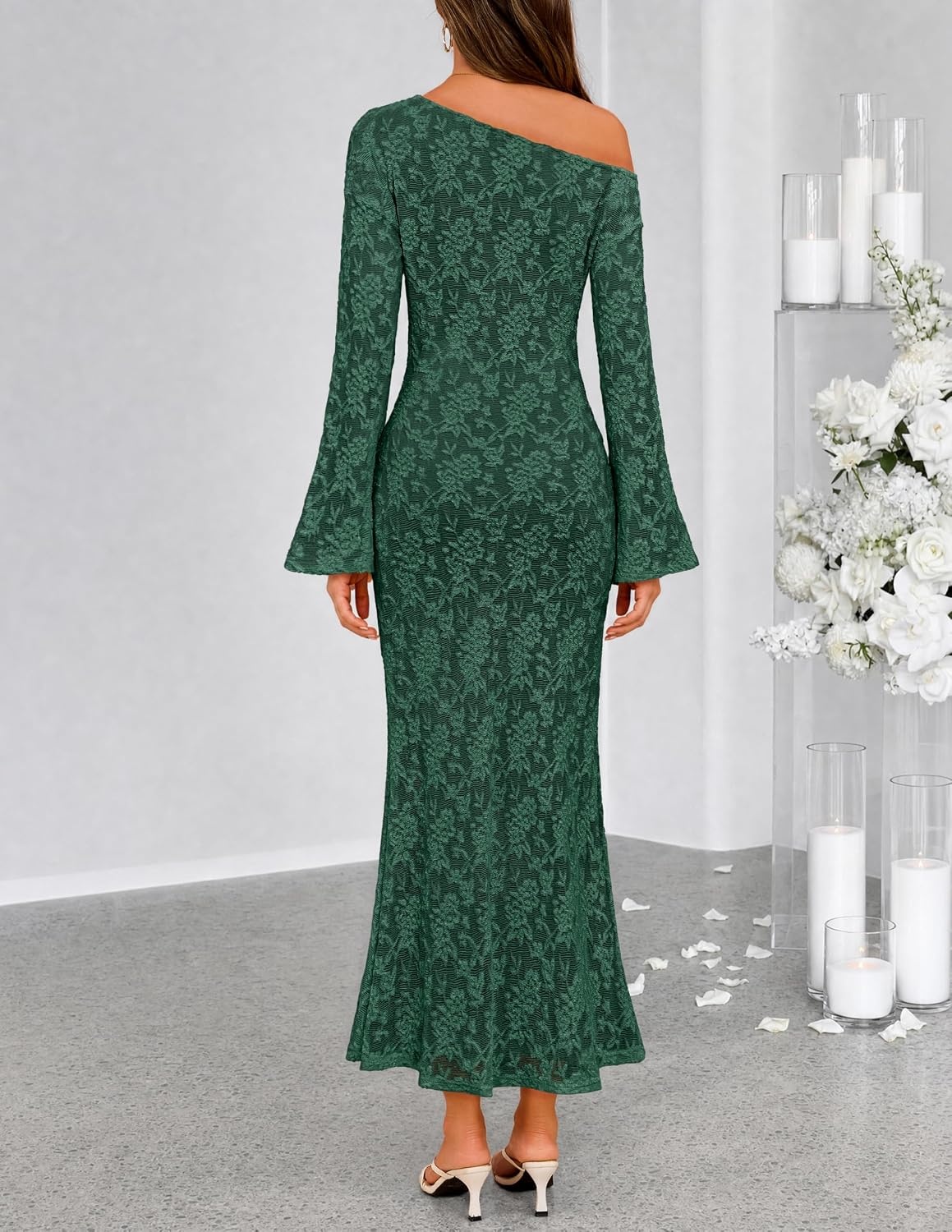 image:imageMEROKEETY Womens Lace Off The Shoulder Wedding Guest Maxi Dress 2026 Floral Jacquard Bell Long Sleeve Fitted Bodycon Ruched Lined Elegant Formal Outfifs Cocktail Party Date Night DressesDarkgreen