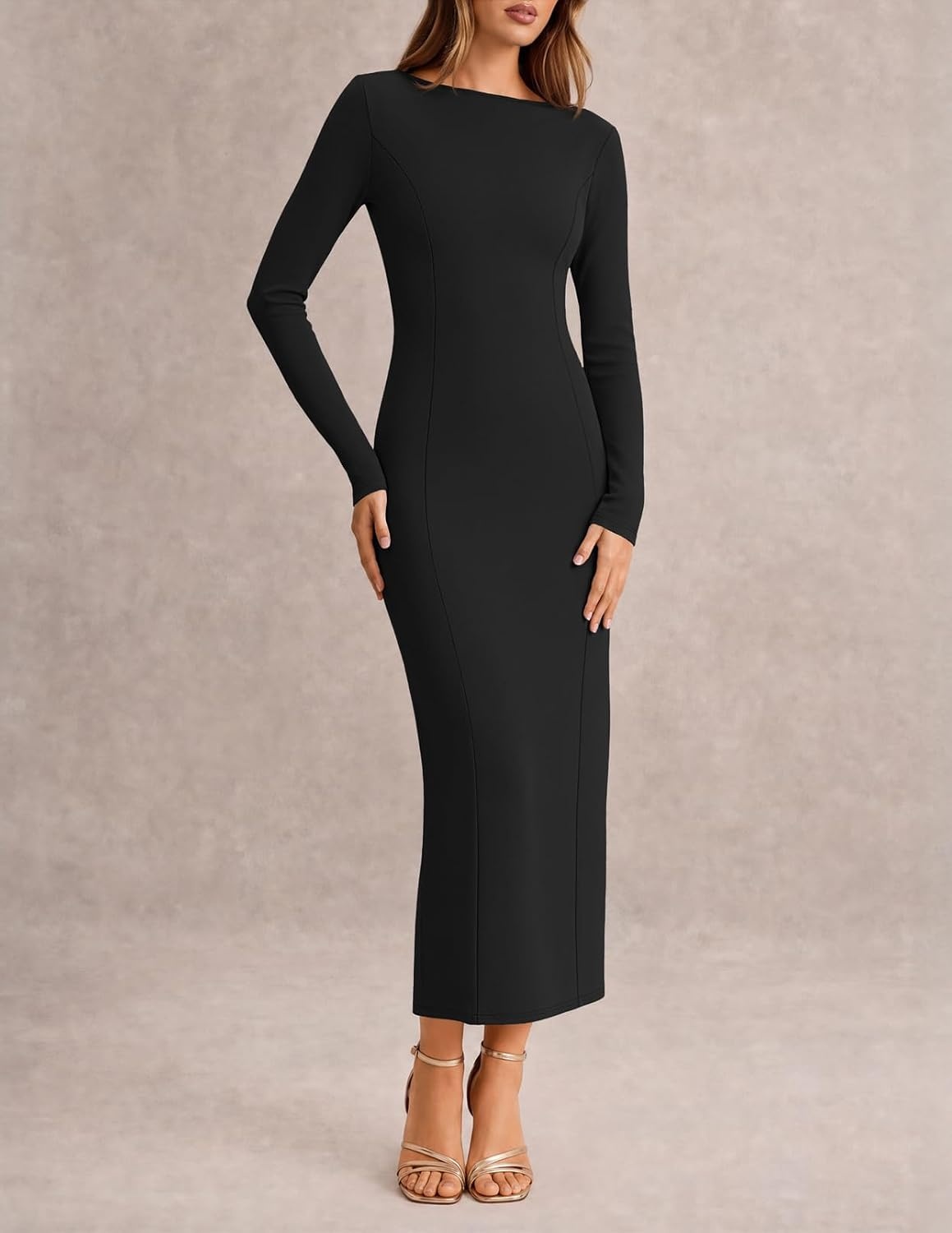image:imageMEROKEETY Womens Long Sleeve Bodycon Fall Wedding Guest Elegant Maxi Dress Modest Work Business Casual Church Dressy Formal Cocktail Party Long Dress Boat Neck Slim Fit Lined 2026 Trendy FashionBlack