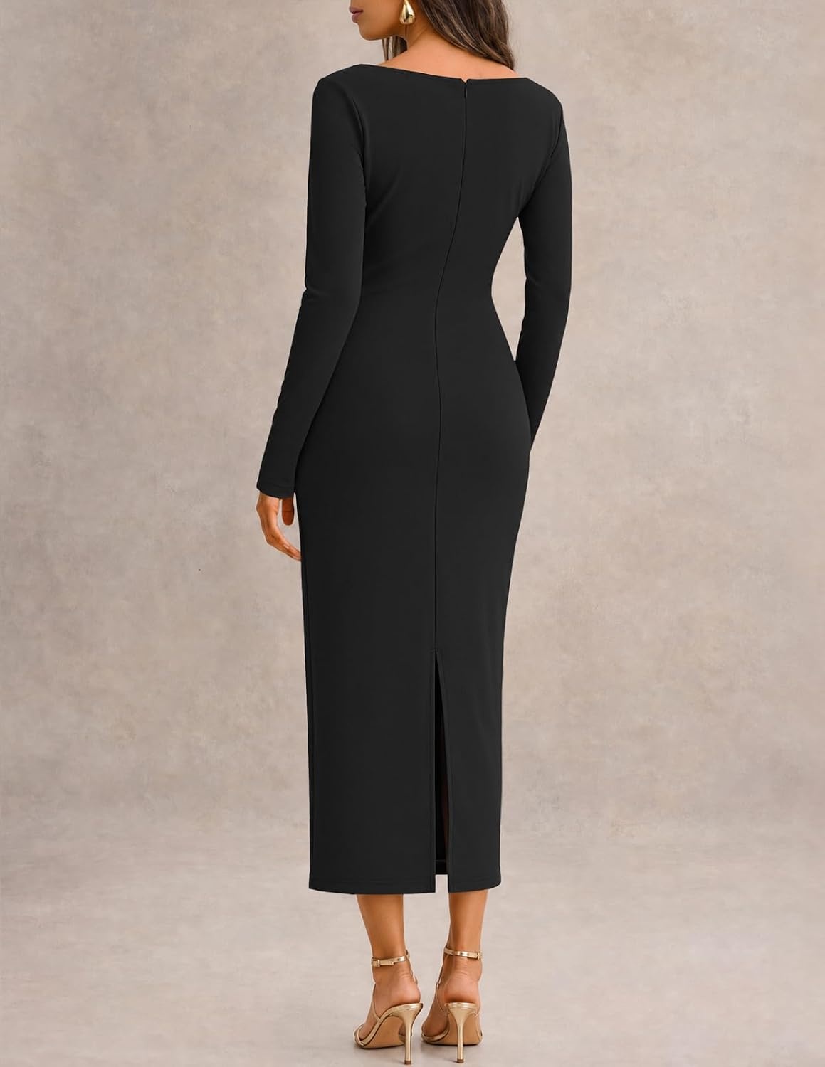 image:imageMEROKEETY Womens Long Sleeve Bodycon Fall Wedding Guest Elegant Maxi Dress Modest Work Business Casual Church Dressy Formal Cocktail Party Long Dress Boat Neck Slim Fit Lined 2026 Trendy FashionBlack