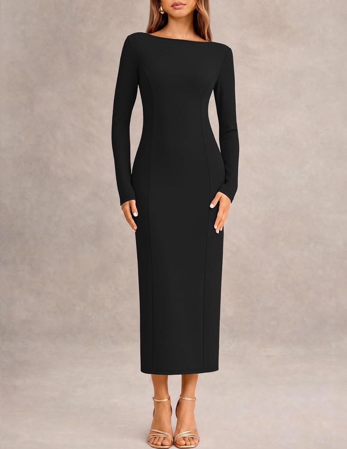 image:imageMEROKEETY Womens Long Sleeve Bodycon Fall Wedding Guest Elegant Maxi Dress Modest Work Business Casual Church Dressy Formal Cocktail Party Long Dress Boat Neck Slim Fit Lined 2026 Trendy FashionBlack