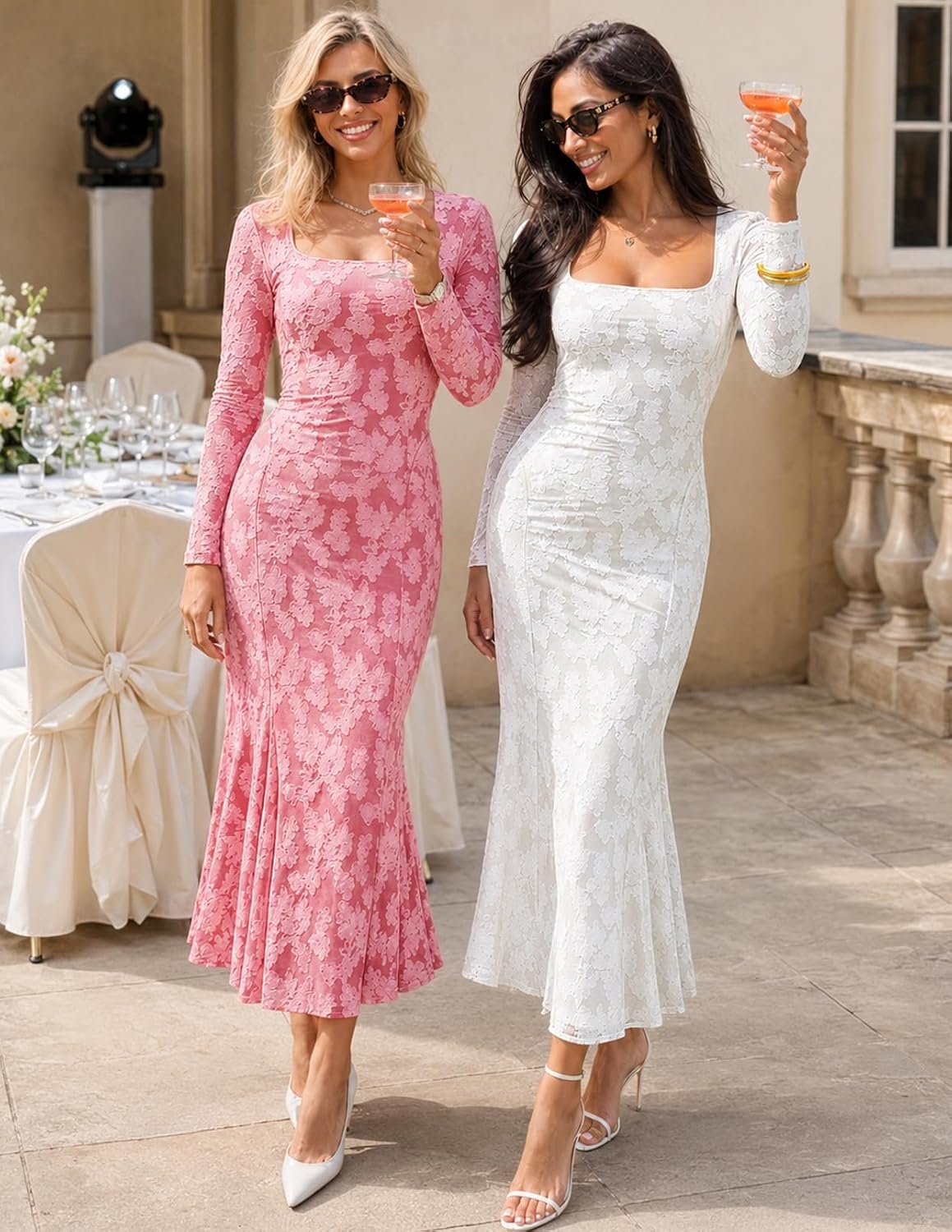 image:imageMEROKEETY Womens Long Sleeve Floral Ruched Fall Wedding Guest Dress 2026 Formal Maxi Dress Square Neck Mermaid Hem Stretchy Lined Bodycon Cocktail Party Baby Shower Bridal Holiday dressWhite