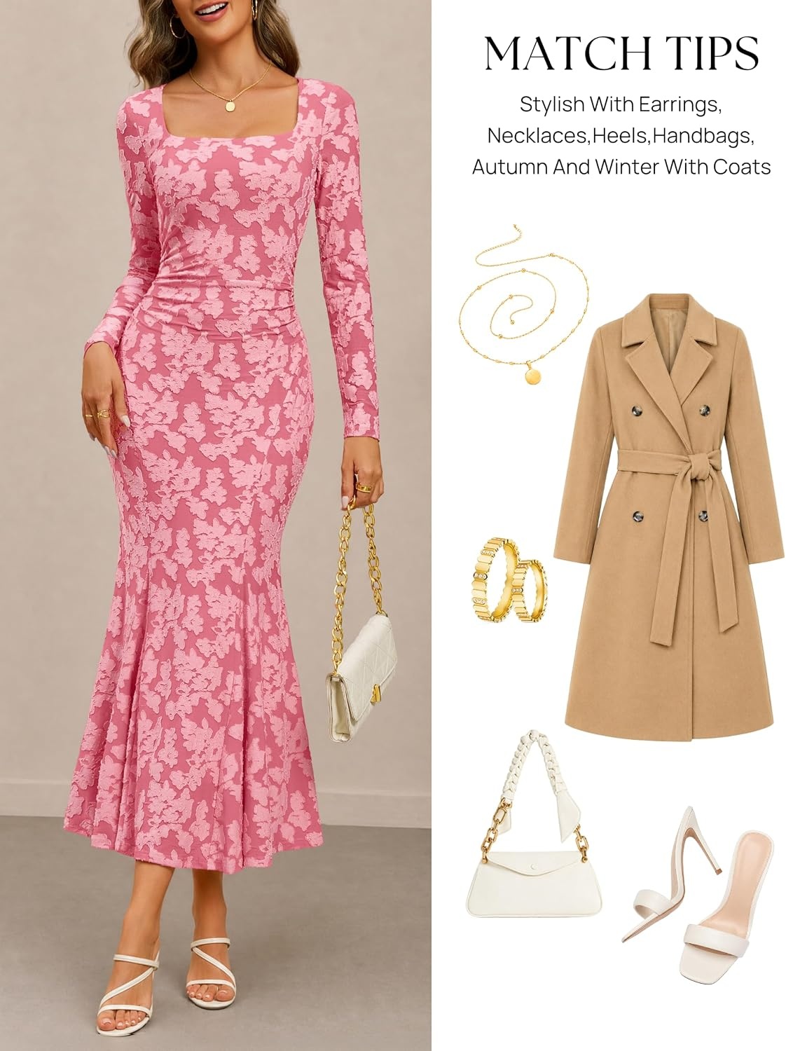image:imageMEROKEETY Womens Long Sleeve Floral Ruched Fall Wedding Guest Dress 2026 Formal Maxi Dress Square Neck Mermaid Hem Stretchy Lined Bodycon Cocktail Party Baby Shower Bridal Holiday dressPink