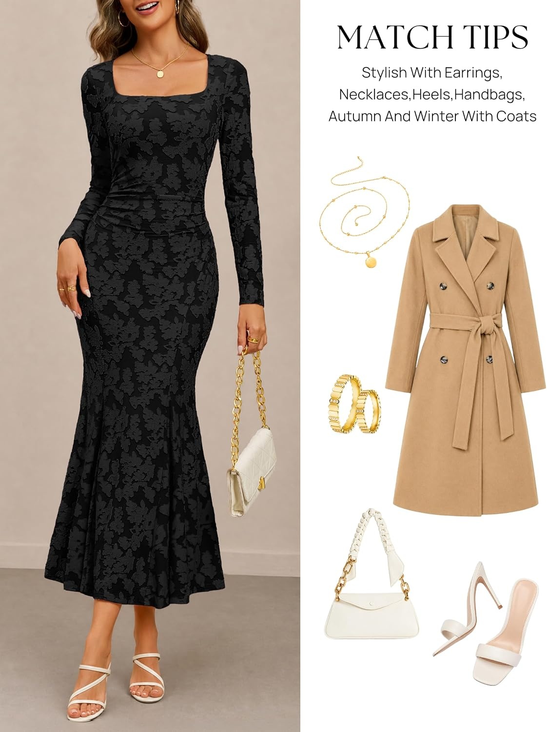 image:imageMEROKEETY Womens Long Sleeve Floral Ruched Fall Wedding Guest Dress 2026 Formal Maxi Dress Square Neck Mermaid Hem Stretchy Lined Bodycon Cocktail Party Baby Shower Bridal Holiday dressBlack