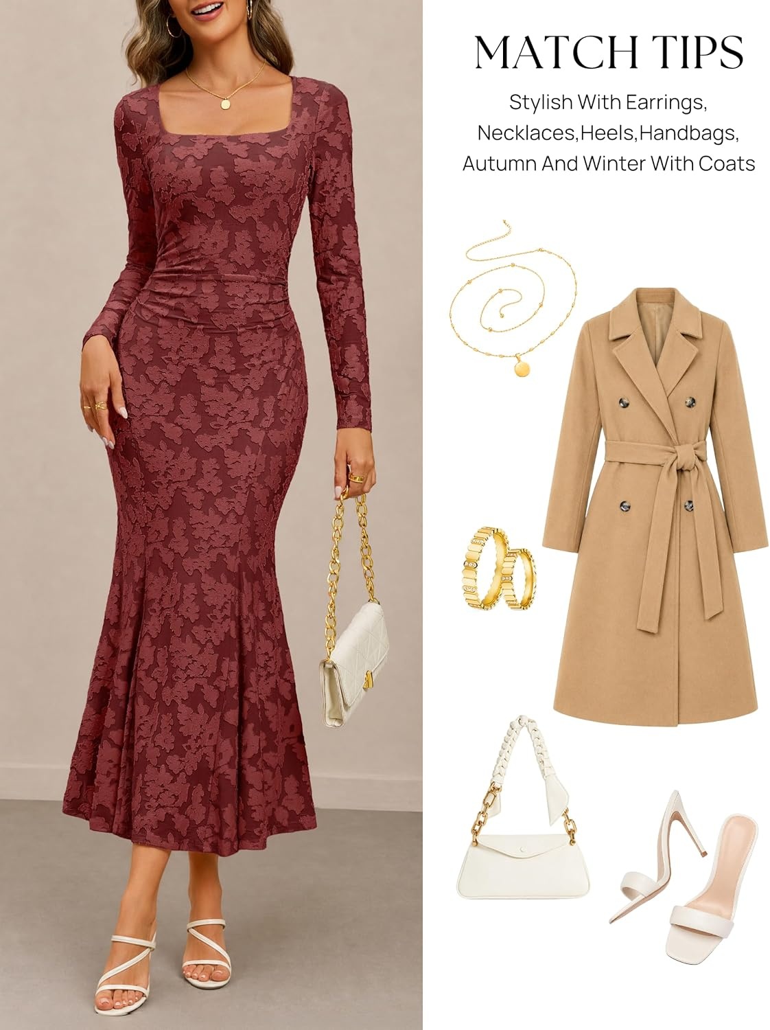 image:imageMEROKEETY Womens Long Sleeve Floral Ruched Fall Wedding Guest Dress 2026 Formal Maxi Dress Square Neck Mermaid Hem Stretchy Lined Bodycon Cocktail Party Baby Shower Bridal Holiday dressWinered