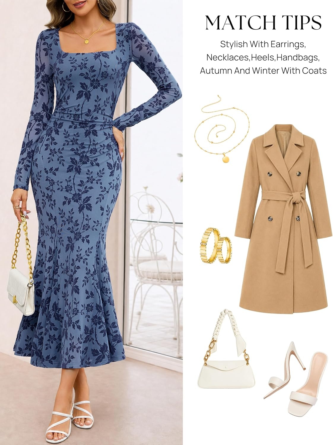 image:imageMEROKEETY Womens Long Sleeve Floral Ruched Fall Wedding Guest Dress 2026 Formal Maxi Dress Square Neck Mermaid Hem Stretchy Lined Bodycon Cocktail Party Baby Shower Bridal Holiday dressDustyblue
