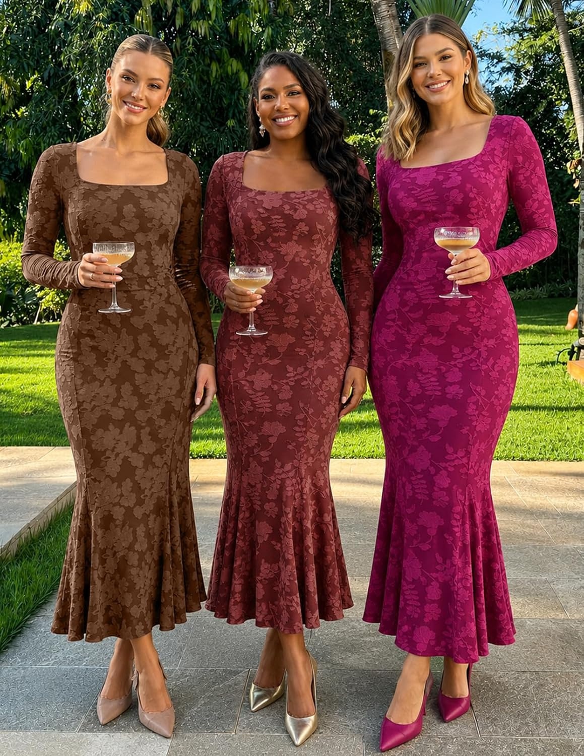 image:imageMEROKEETY Womens Long Sleeve Floral Ruched Fall Wedding Guest Dress 2026 Formal Maxi Dress Square Neck Mermaid Hem Stretchy Lined Bodycon Cocktail Party Baby Shower Bridal Holiday dressBrown