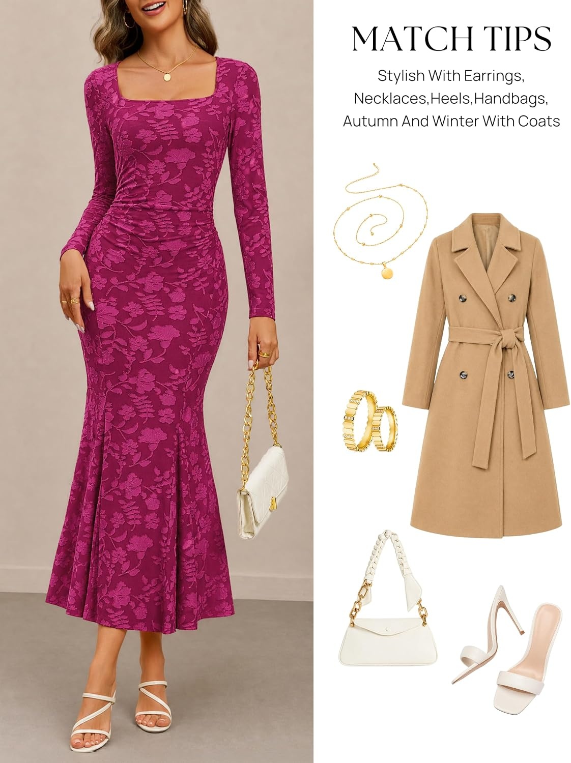 image:imageMEROKEETY Womens Long Sleeve Floral Ruched Fall Wedding Guest Dress 2026 Formal Maxi Dress Square Neck Mermaid Hem Stretchy Lined Bodycon Cocktail Party Baby Shower Bridal Holiday dressFuchsia