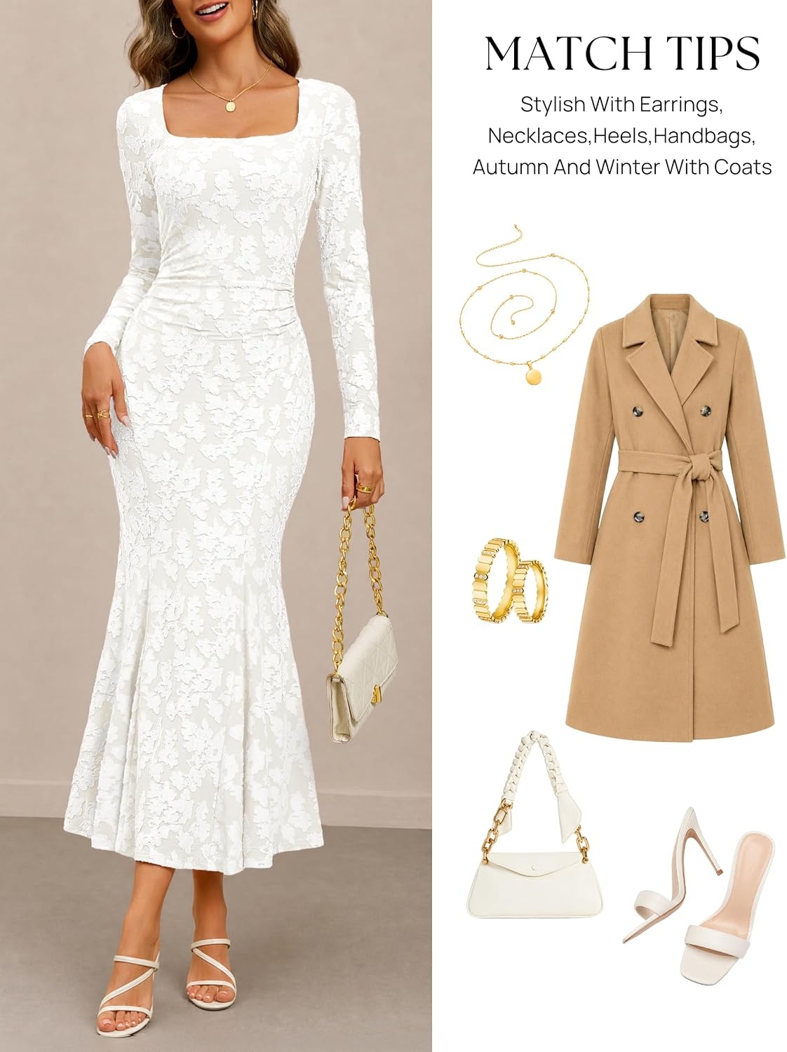 image:imageMEROKEETY Womens Long Sleeve Floral Ruched Fall Wedding Guest Dress 2026 Formal Maxi Dress Square Neck Mermaid Hem Stretchy Lined Bodycon Cocktail Party Baby Shower Bridal Holiday dressWhite