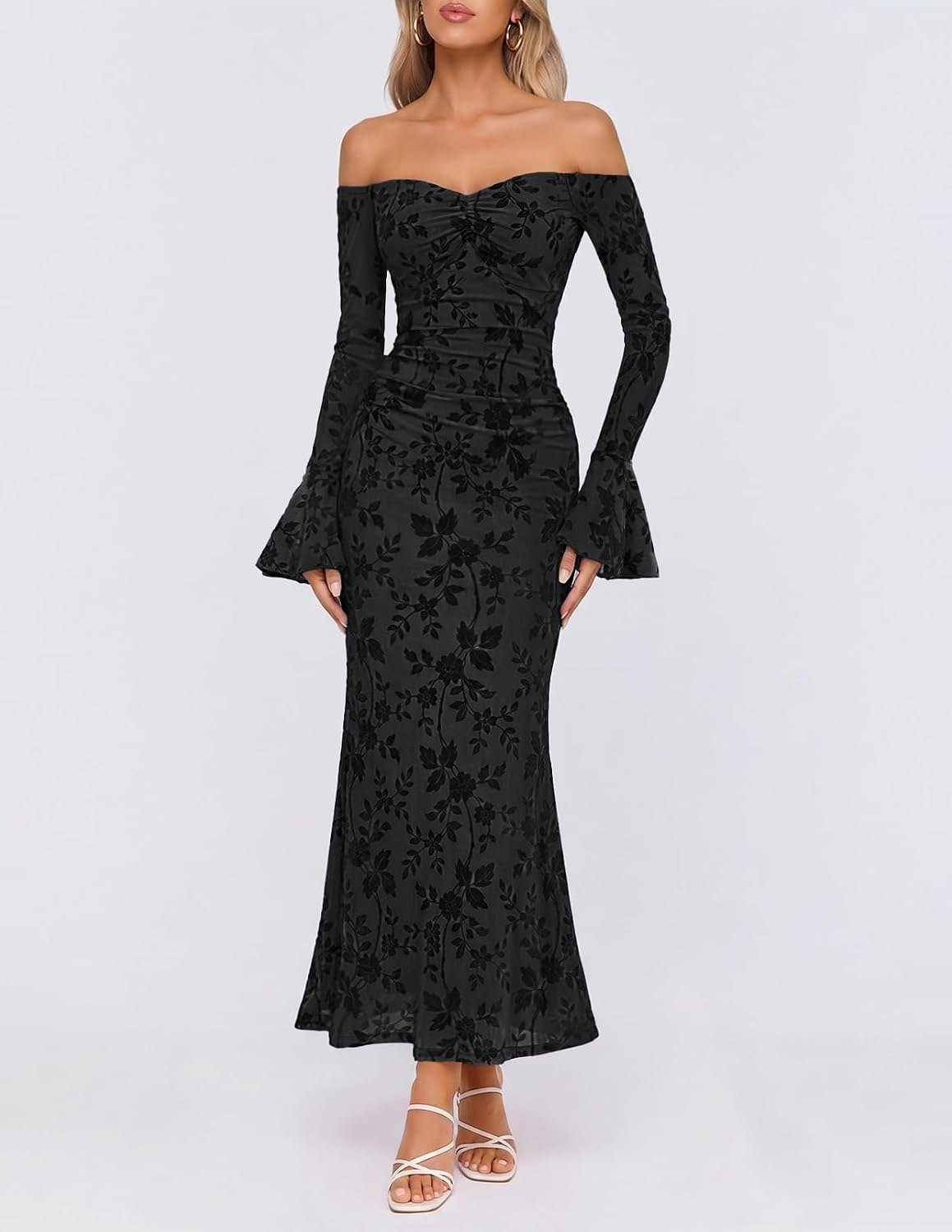 image:imageMEROKEETY Womens Off Shoulder Bodycon Fall 2026 Party Formal Maxi Dress Wedding Guest Cocktail Bell Long Sleeve Floral Mesh Ruched Bust 2026 Winter Elegant Sexy Trendy Date Night Club DressesBlack