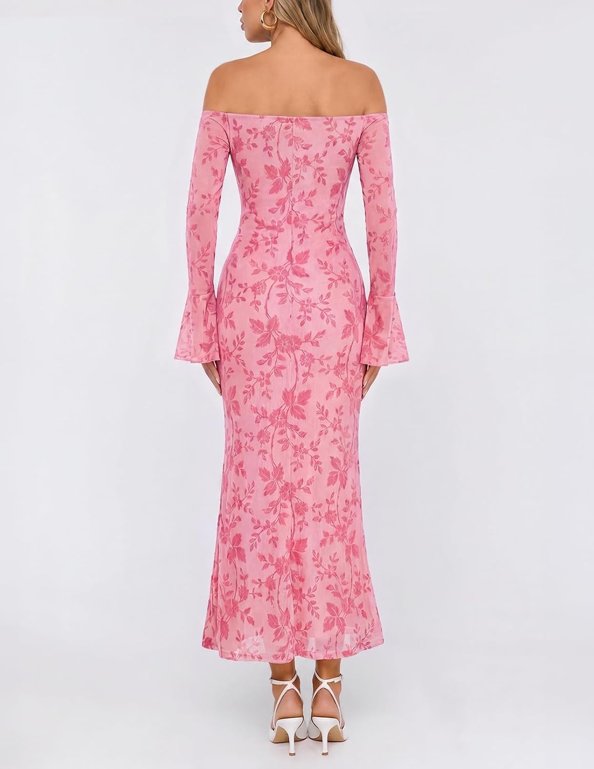 image:imageMEROKEETY Womens Off Shoulder Bodycon Fall 2026 Party Formal Maxi Dress Wedding Guest Cocktail Bell Long Sleeve Floral Mesh Ruched Bust 2026 Winter Elegant Sexy Trendy Date Night Club DressesPink
