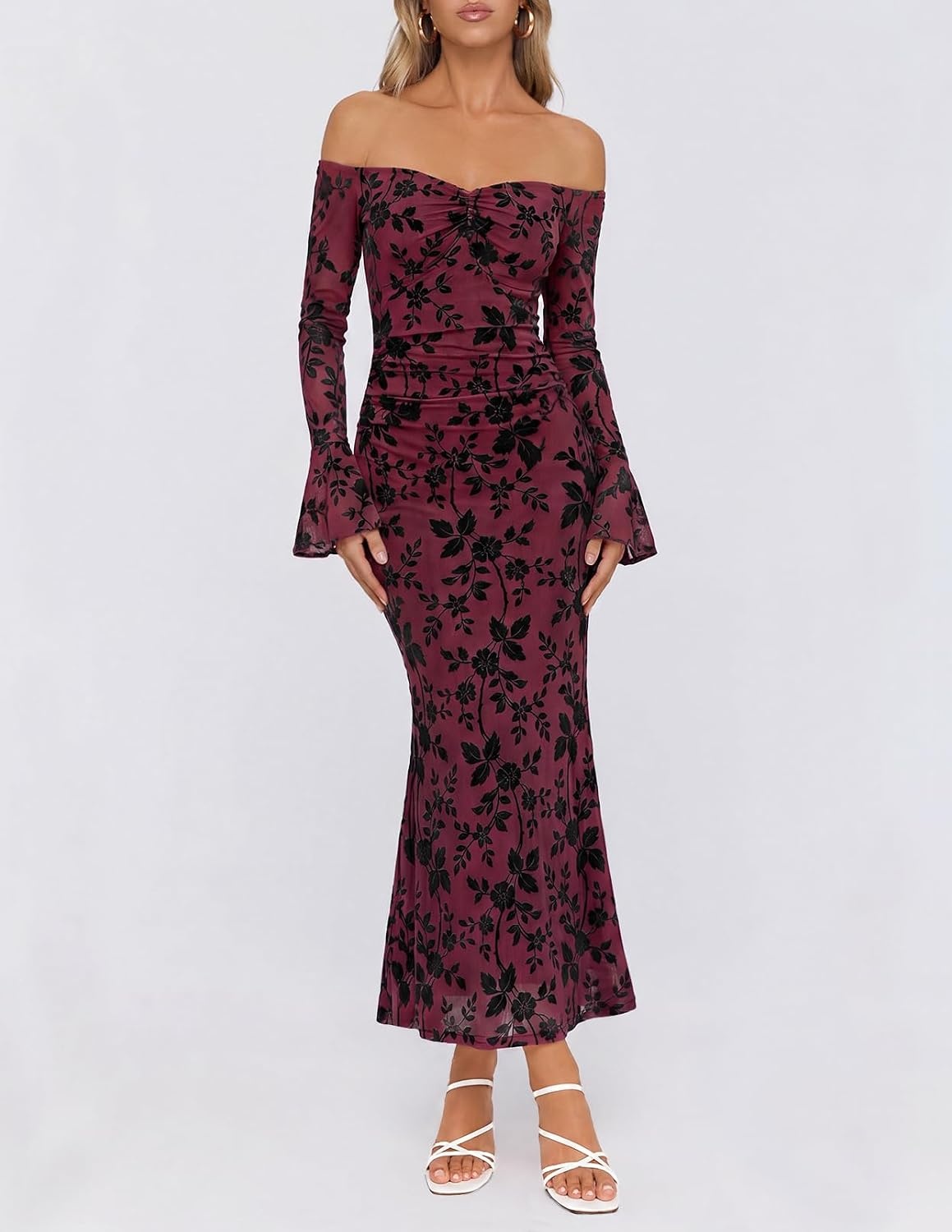 image:imageMEROKEETY Womens Off Shoulder Bodycon Fall 2026 Party Formal Maxi Dress Wedding Guest Cocktail Bell Long Sleeve Floral Mesh Ruched Bust 2026 Winter Elegant Sexy Trendy Date Night Club DressesBurgundy