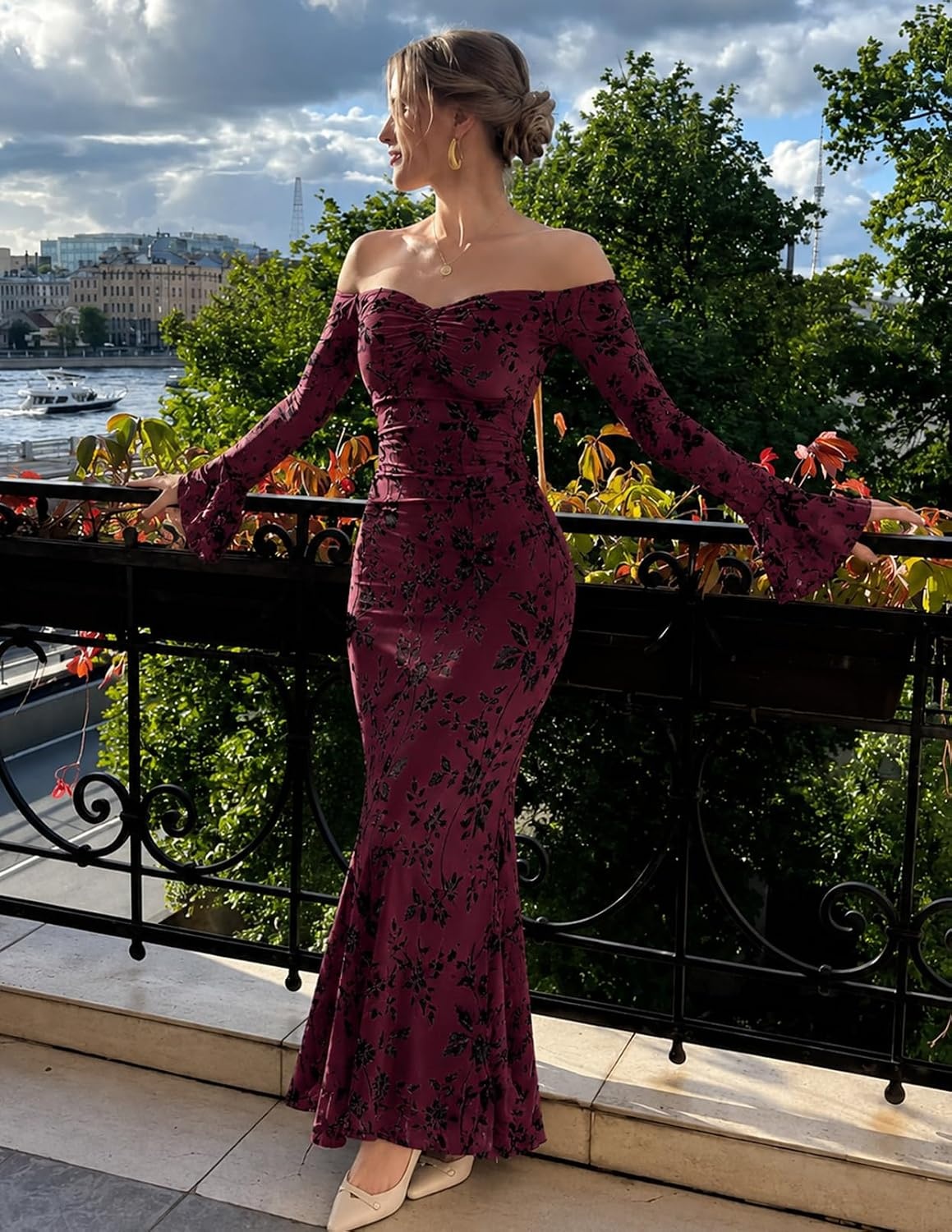 image:imageMEROKEETY Womens Off Shoulder Bodycon Fall 2026 Party Formal Maxi Dress Wedding Guest Cocktail Bell Long Sleeve Floral Mesh Ruched Bust 2026 Winter Elegant Sexy Trendy Date Night Club DressesBurgundy