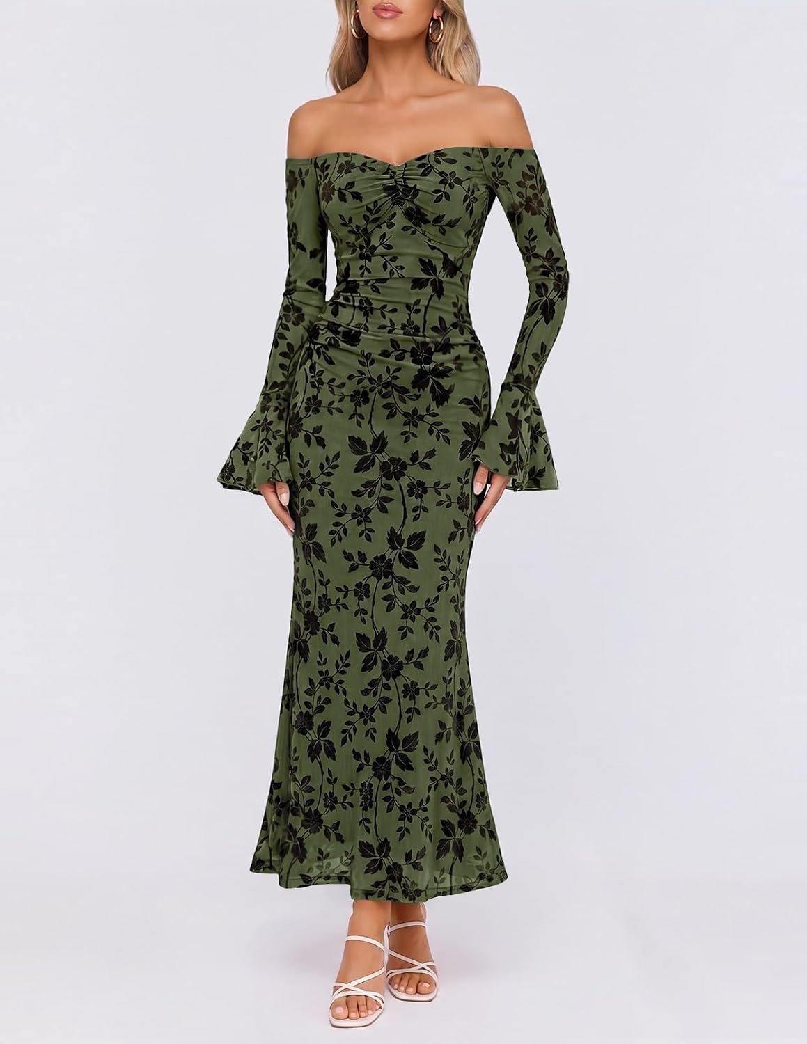 image:imageMEROKEETY Womens Off Shoulder Bodycon Fall 2026 Party Formal Maxi Dress Wedding Guest Cocktail Bell Long Sleeve Floral Mesh Ruched Bust 2026 Winter Elegant Sexy Trendy Date Night Club DressesArmy