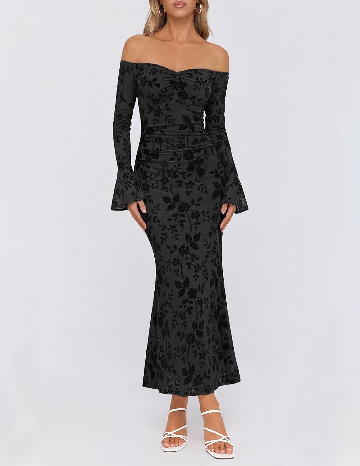image:imageMEROKEETY Womens Off Shoulder Bodycon Fall 2026 Party Formal Maxi Dress Wedding Guest Cocktail Bell Long Sleeve Floral Mesh Ruched Bust 2026 Winter Elegant Sexy Trendy Date Night Club DressesBlack