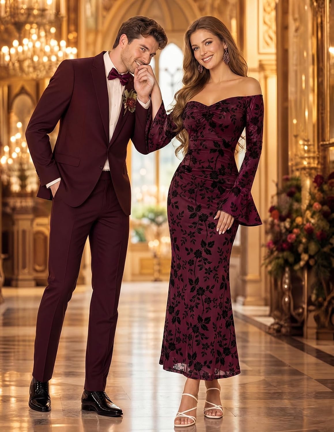 image:imageMEROKEETY Womens Off Shoulder Bodycon Fall 2026 Party Formal Maxi Dress Wedding Guest Cocktail Bell Long Sleeve Floral Mesh Ruched Bust 2026 Winter Elegant Sexy Trendy Date Night Club DressesBurgundy