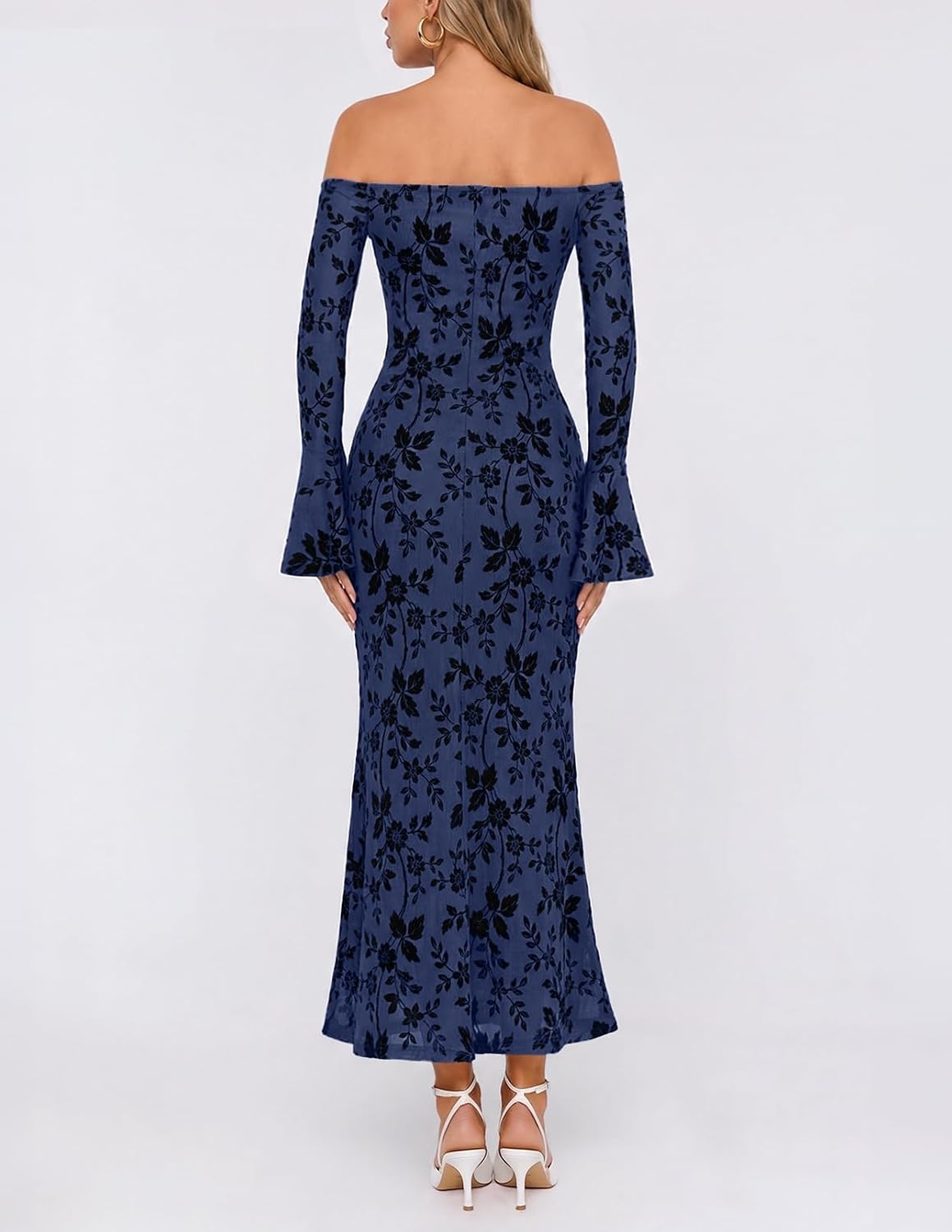 image:imageMEROKEETY Womens Off Shoulder Bodycon Fall 2026 Party Formal Maxi Dress Wedding Guest Cocktail Bell Long Sleeve Floral Mesh Ruched Bust 2026 Winter Elegant Sexy Trendy Date Night Club DressesNavy