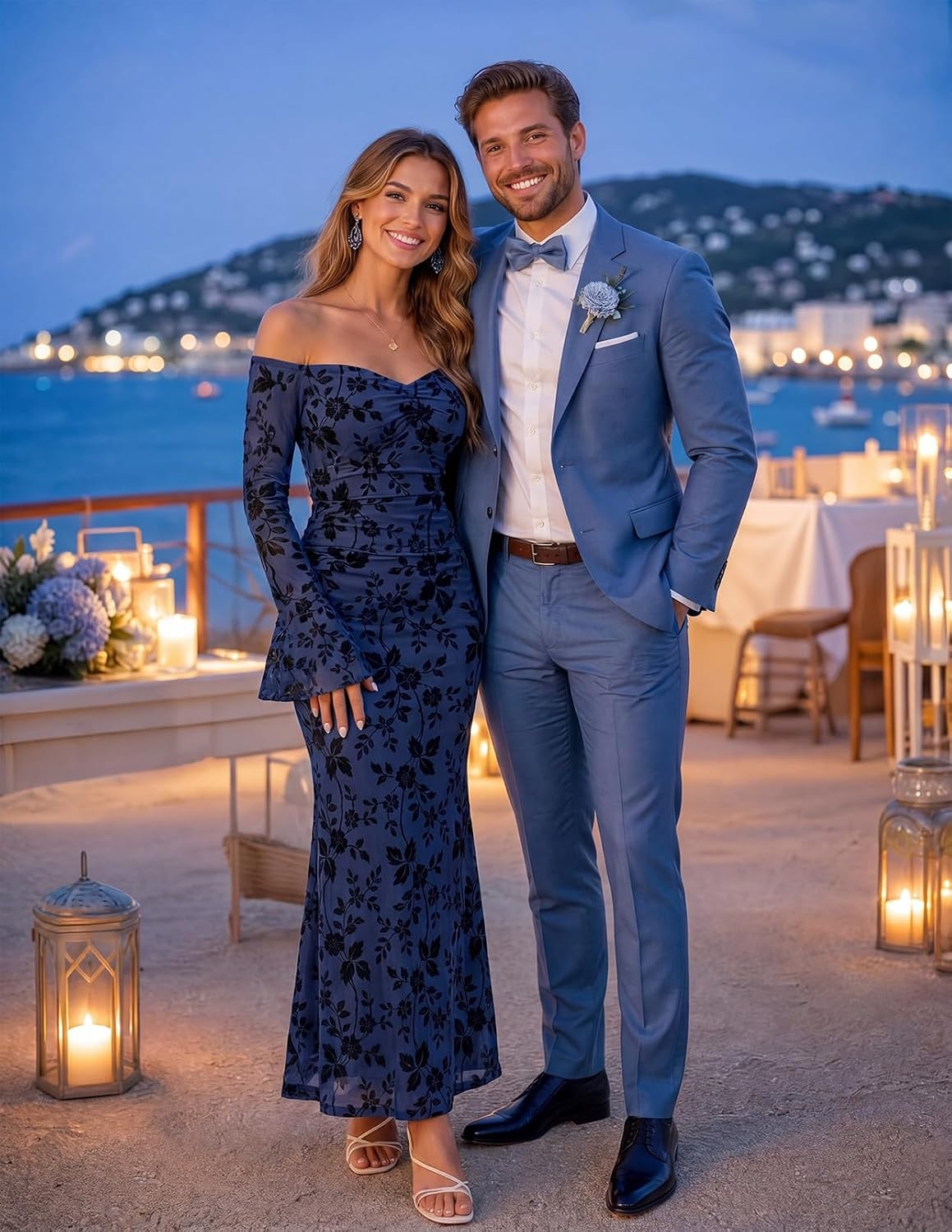 image:imageMEROKEETY Womens Off Shoulder Bodycon Fall 2026 Party Formal Maxi Dress Wedding Guest Cocktail Bell Long Sleeve Floral Mesh Ruched Bust 2026 Winter Elegant Sexy Trendy Date Night Club DressesNavy