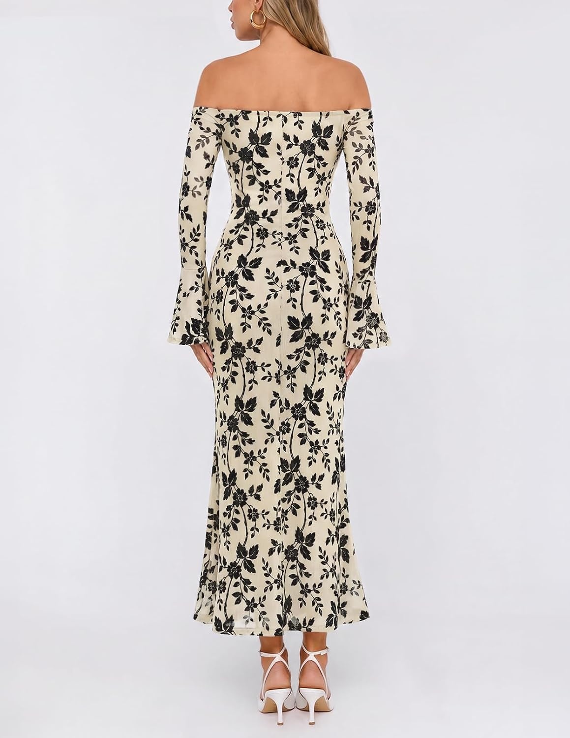 image:imageMEROKEETY Womens Off Shoulder Bodycon Fall 2026 Party Formal Maxi Dress Wedding Guest Cocktail Bell Long Sleeve Floral Mesh Ruched Bust 2026 Winter Elegant Sexy Trendy Date Night Club DressesApricot