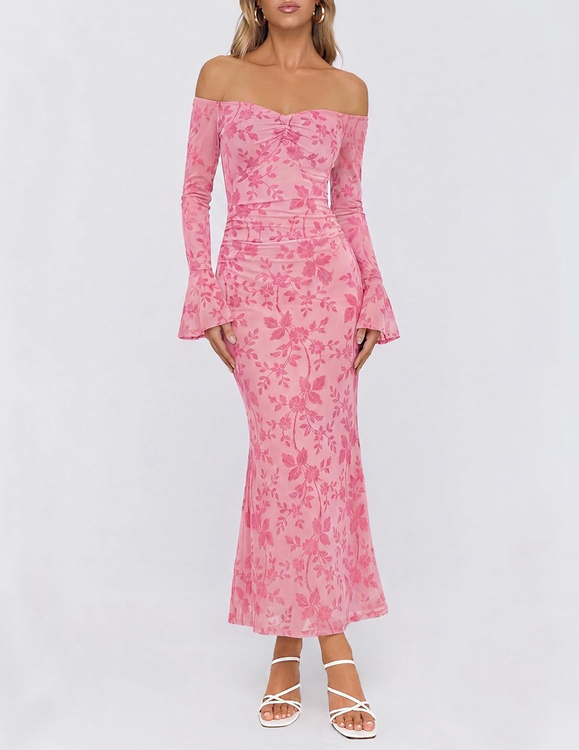 image:imageMEROKEETY Womens Off Shoulder Bodycon Fall 2026 Party Formal Maxi Dress Wedding Guest Cocktail Bell Long Sleeve Floral Mesh Ruched Bust 2026 Winter Elegant Sexy Trendy Date Night Club DressesPink