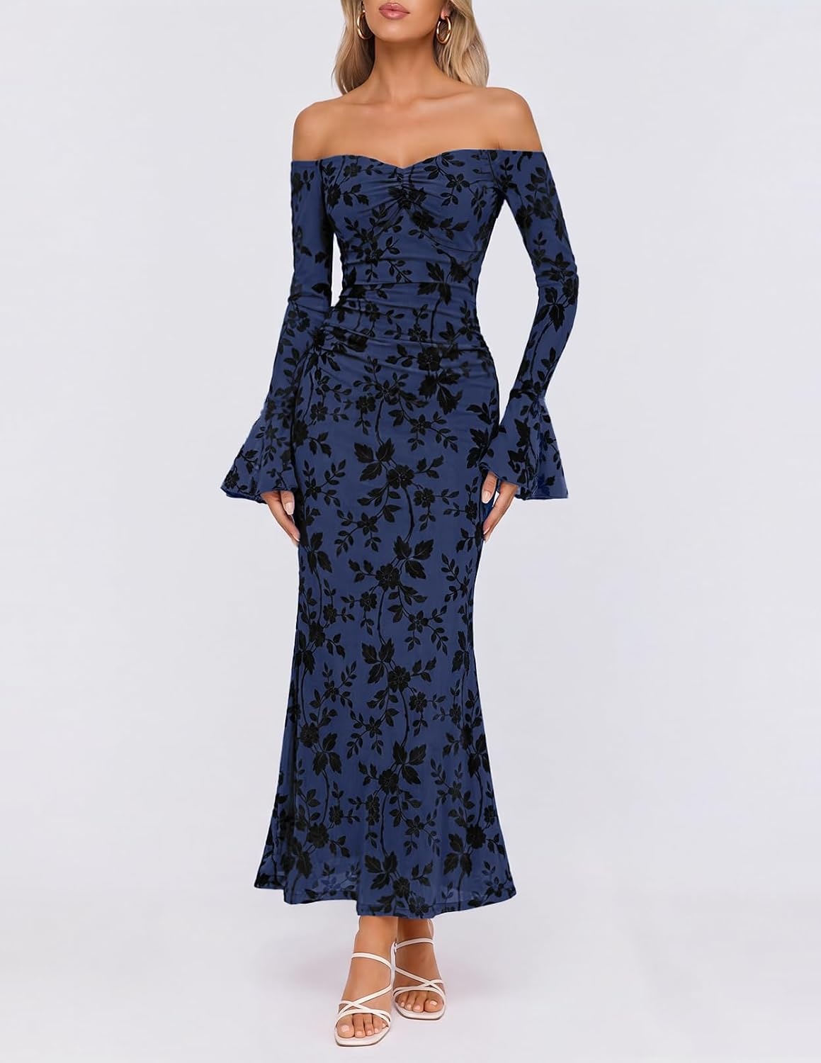 image:imageMEROKEETY Womens Off Shoulder Bodycon Fall 2026 Party Formal Maxi Dress Wedding Guest Cocktail Bell Long Sleeve Floral Mesh Ruched Bust 2026 Winter Elegant Sexy Trendy Date Night Club DressesNavy