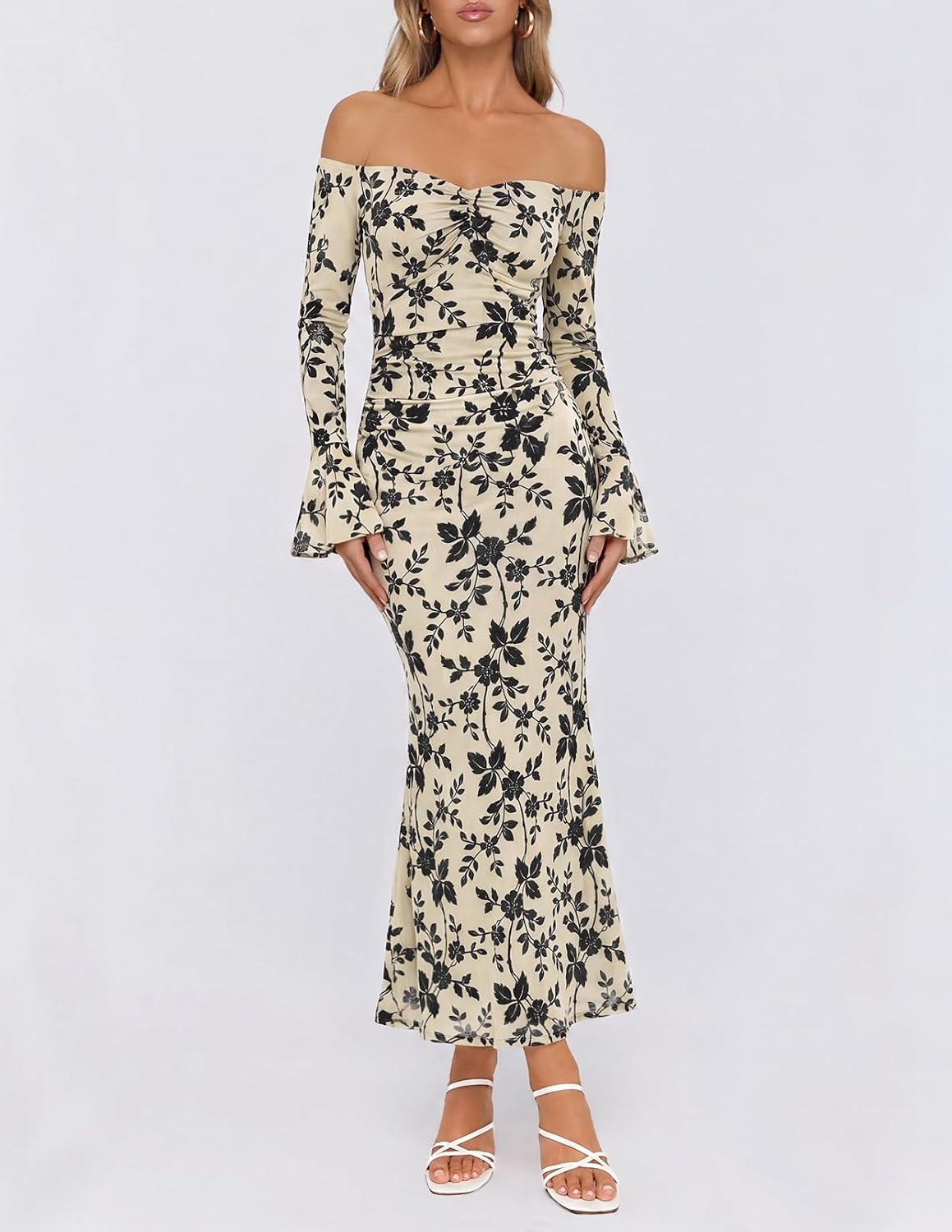 image:imageMEROKEETY Womens Off Shoulder Bodycon Fall 2026 Party Formal Maxi Dress Wedding Guest Cocktail Bell Long Sleeve Floral Mesh Ruched Bust 2026 Winter Elegant Sexy Trendy Date Night Club DressesApricot