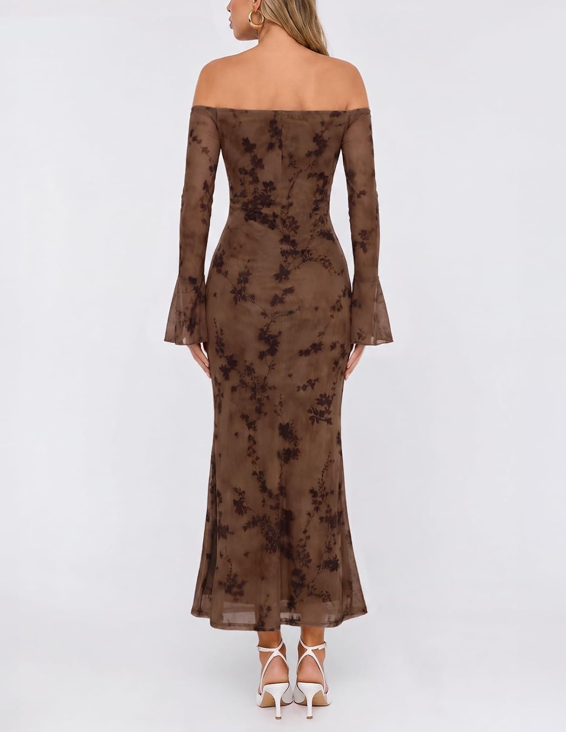 image:imageMEROKEETY Womens Off Shoulder Bodycon Fall 2026 Party Formal Maxi Dress Wedding Guest Cocktail Bell Long Sleeve Floral Mesh Ruched Bust 2026 Winter Elegant Sexy Trendy Date Night Club DressesBrown