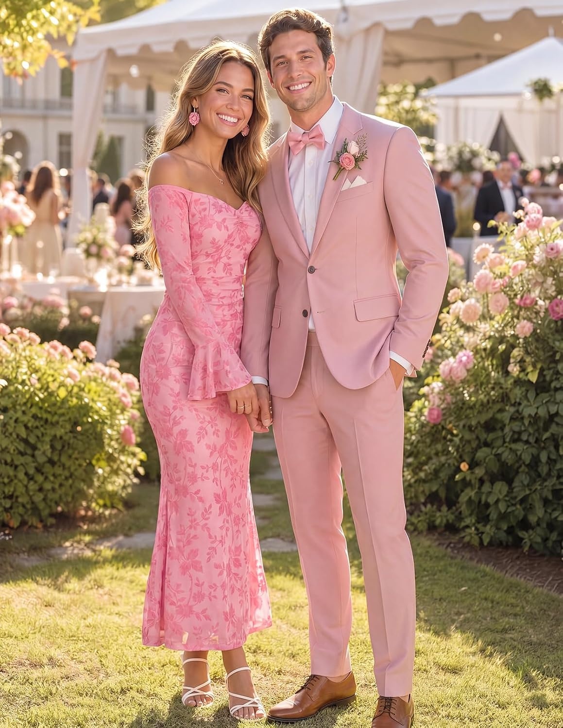 image:imageMEROKEETY Womens Off Shoulder Bodycon Fall 2026 Party Formal Maxi Dress Wedding Guest Cocktail Bell Long Sleeve Floral Mesh Ruched Bust 2026 Winter Elegant Sexy Trendy Date Night Club DressesPink