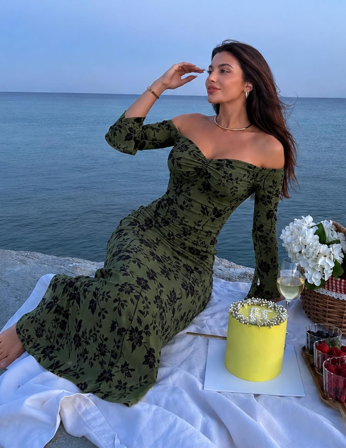image:imageMEROKEETY Womens Off Shoulder Bodycon Fall 2026 Party Formal Maxi Dress Wedding Guest Cocktail Bell Long Sleeve Floral Mesh Ruched Bust 2026 Winter Elegant Sexy Trendy Date Night Club DressesArmy