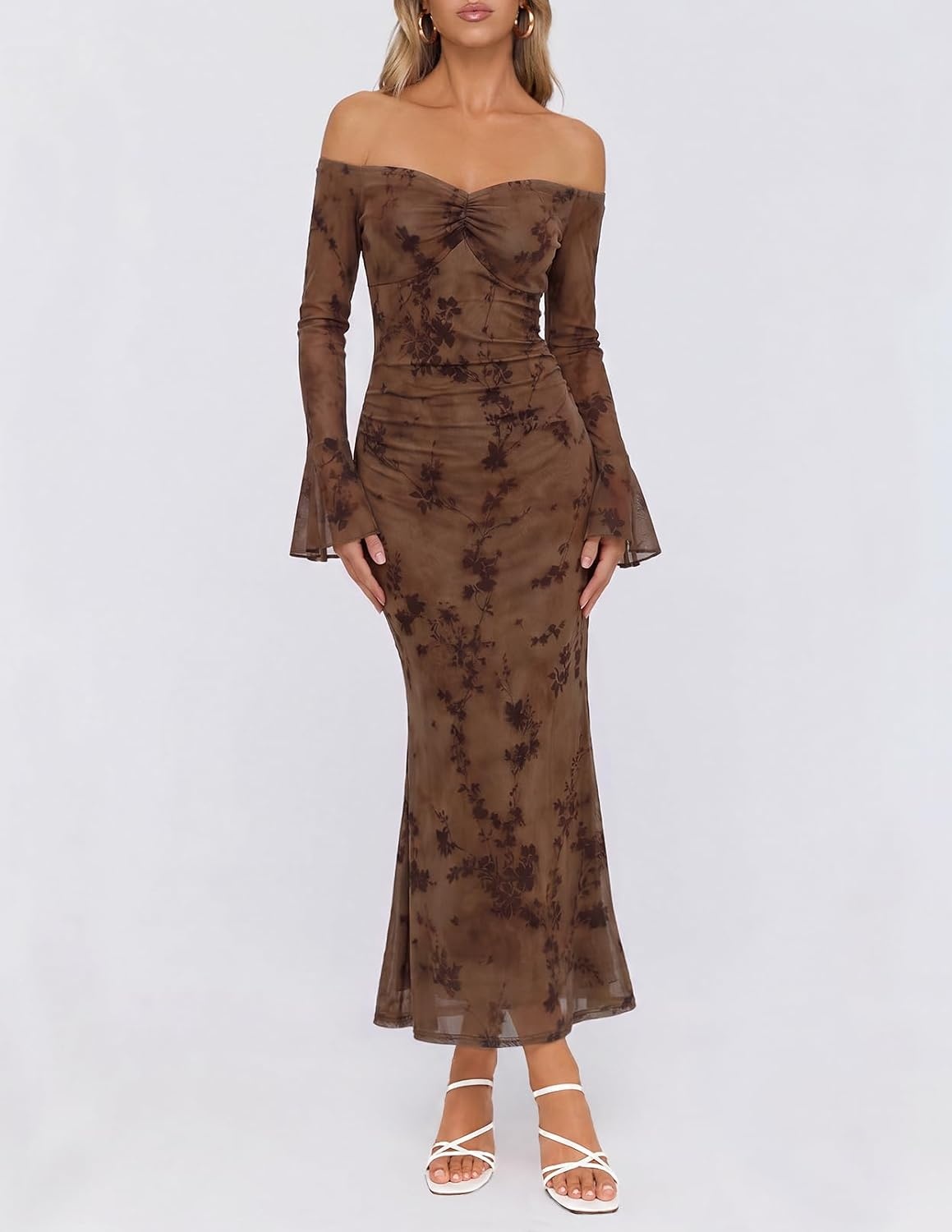 image:imageMEROKEETY Womens Off Shoulder Bodycon Fall 2026 Party Formal Maxi Dress Wedding Guest Cocktail Bell Long Sleeve Floral Mesh Ruched Bust 2026 Winter Elegant Sexy Trendy Date Night Club DressesBrown
