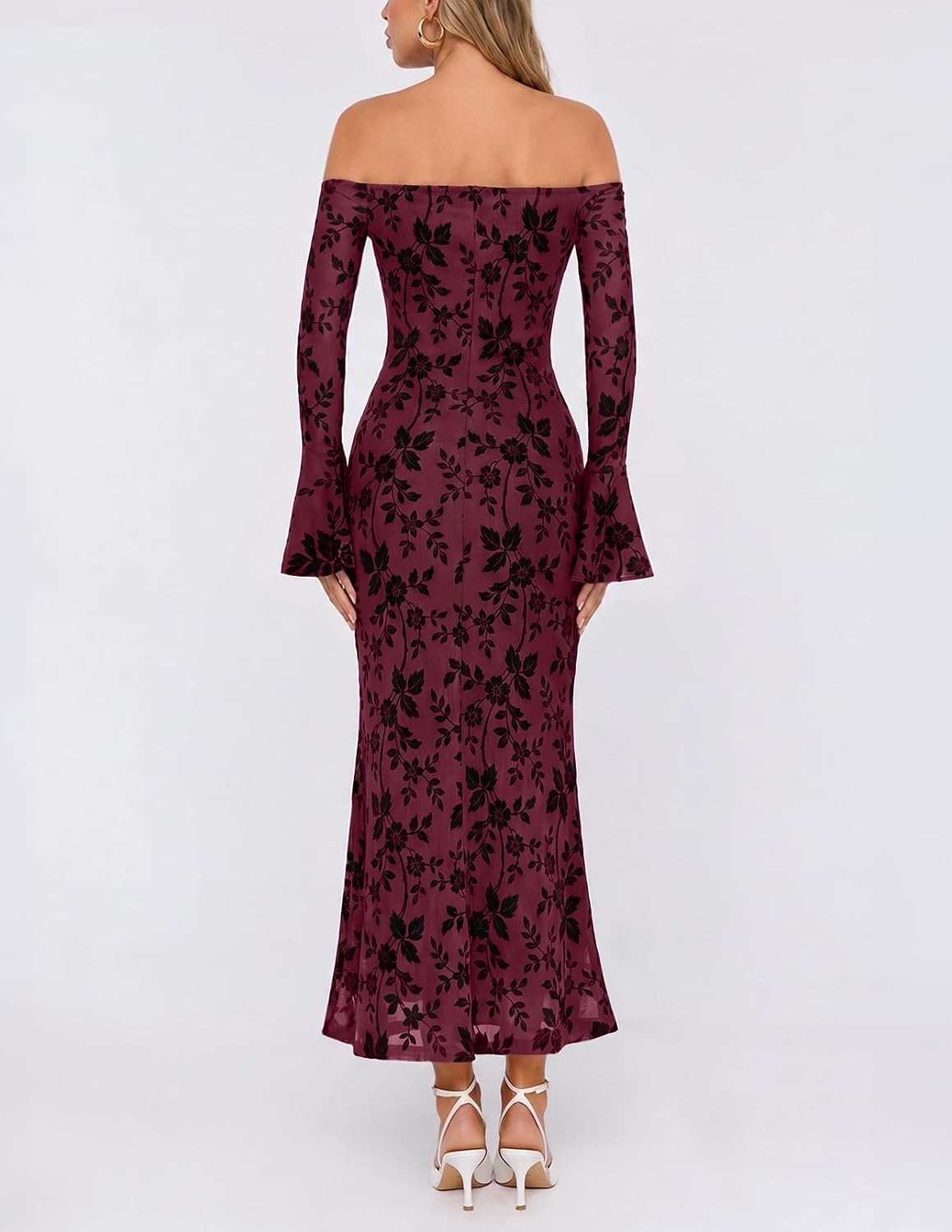 image:imageMEROKEETY Womens Off Shoulder Bodycon Fall 2026 Party Formal Maxi Dress Wedding Guest Cocktail Bell Long Sleeve Floral Mesh Ruched Bust 2026 Winter Elegant Sexy Trendy Date Night Club DressesBurgundy