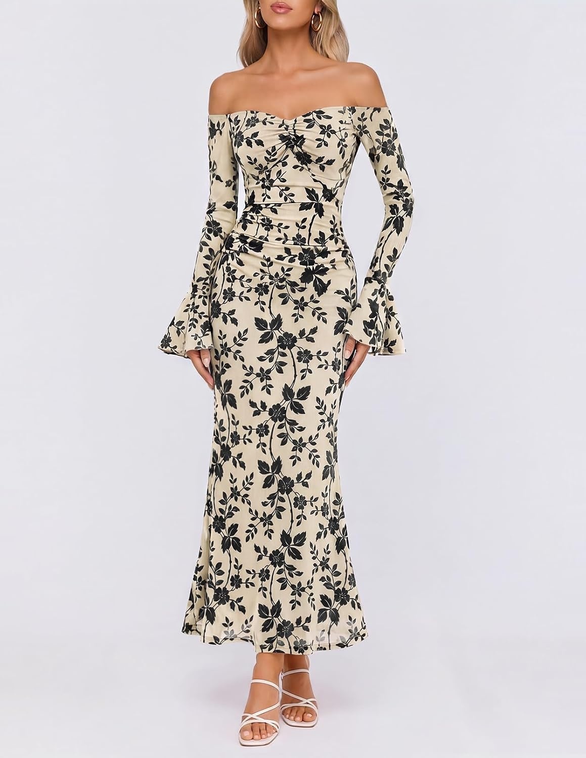 image:imageMEROKEETY Womens Off Shoulder Bodycon Fall 2026 Party Formal Maxi Dress Wedding Guest Cocktail Bell Long Sleeve Floral Mesh Ruched Bust 2026 Winter Elegant Sexy Trendy Date Night Club DressesApricot