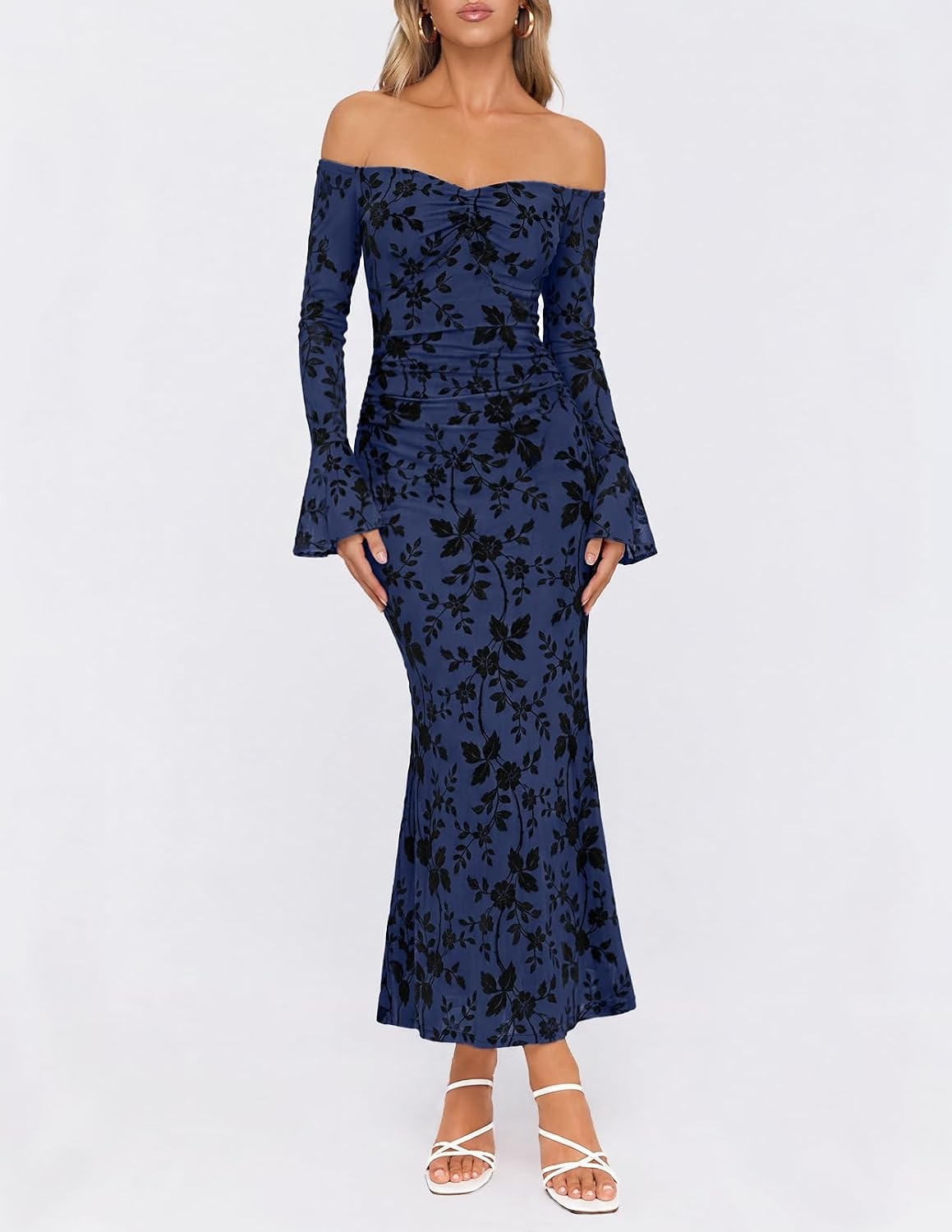 image:imageMEROKEETY Womens Off Shoulder Bodycon Fall 2026 Party Formal Maxi Dress Wedding Guest Cocktail Bell Long Sleeve Floral Mesh Ruched Bust 2026 Winter Elegant Sexy Trendy Date Night Club DressesNavy