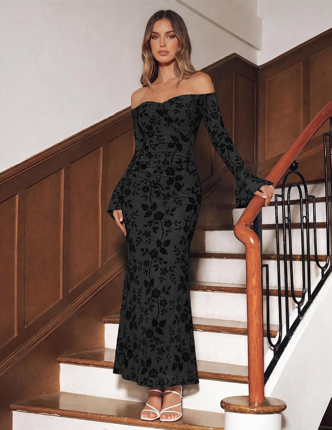image:imageMEROKEETY Womens Off Shoulder Bodycon Fall 2026 Party Formal Maxi Dress Wedding Guest Cocktail Bell Long Sleeve Floral Mesh Ruched Bust 2026 Winter Elegant Sexy Trendy Date Night Club DressesBlack