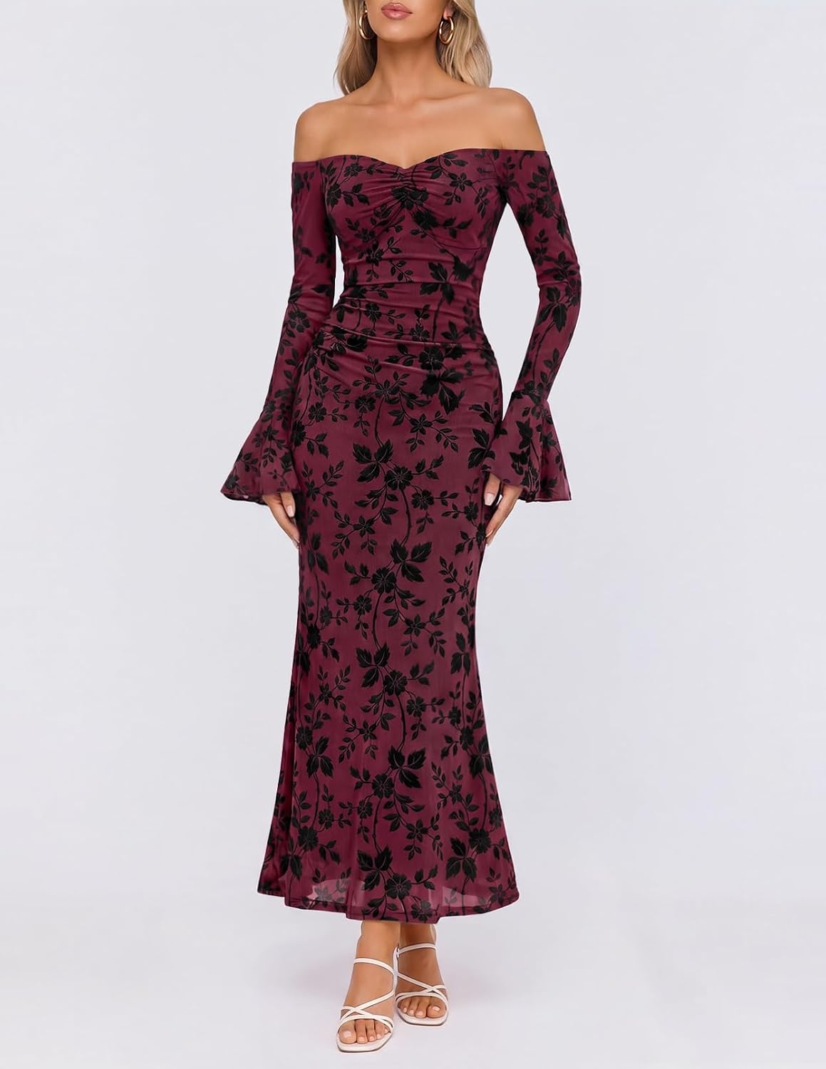 image:imageMEROKEETY Womens Off Shoulder Bodycon Fall 2026 Party Formal Maxi Dress Wedding Guest Cocktail Bell Long Sleeve Floral Mesh Ruched Bust 2026 Winter Elegant Sexy Trendy Date Night Club DressesBurgundy