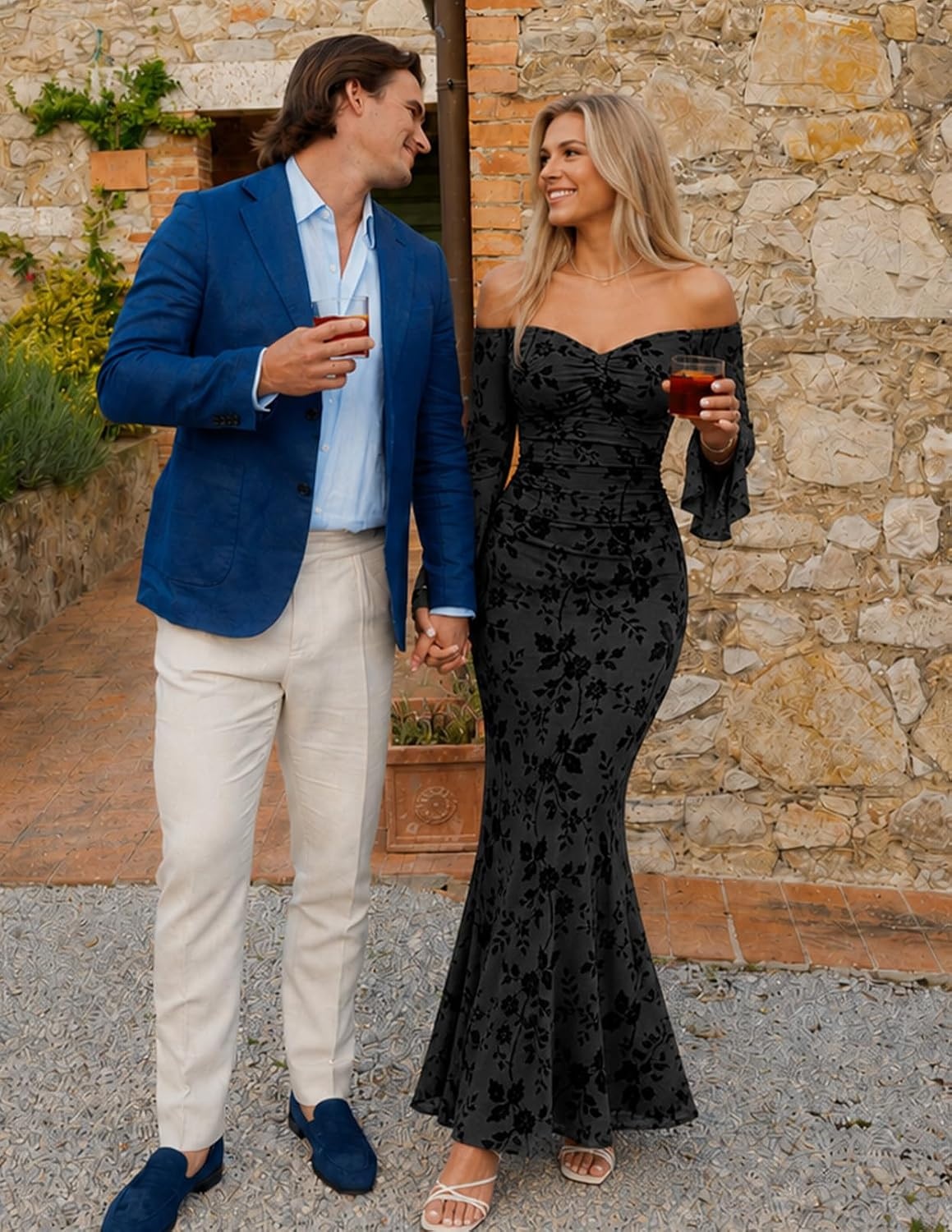 image:imageMEROKEETY Womens Off Shoulder Bodycon Fall 2026 Party Formal Maxi Dress Wedding Guest Cocktail Bell Long Sleeve Floral Mesh Ruched Bust 2026 Winter Elegant Sexy Trendy Date Night Club DressesBlack