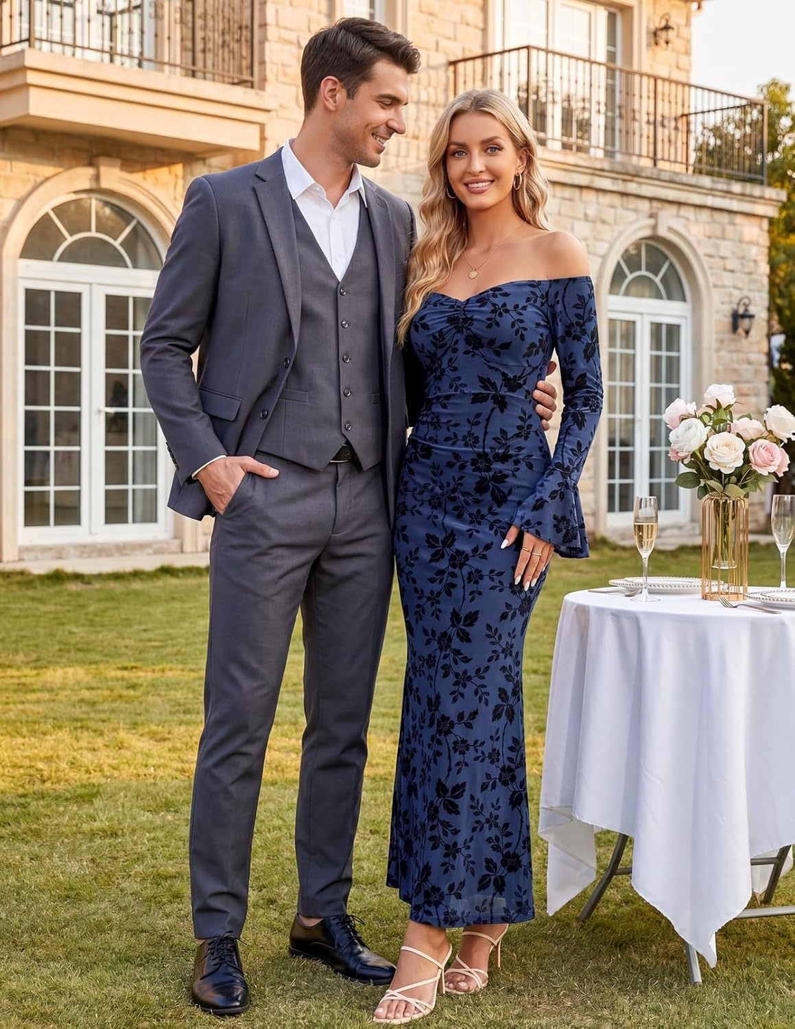 image:imageMEROKEETY Womens Off Shoulder Bodycon Fall 2026 Party Formal Maxi Dress Wedding Guest Cocktail Bell Long Sleeve Floral Mesh Ruched Bust 2026 Winter Elegant Sexy Trendy Date Night Club DressesNavy