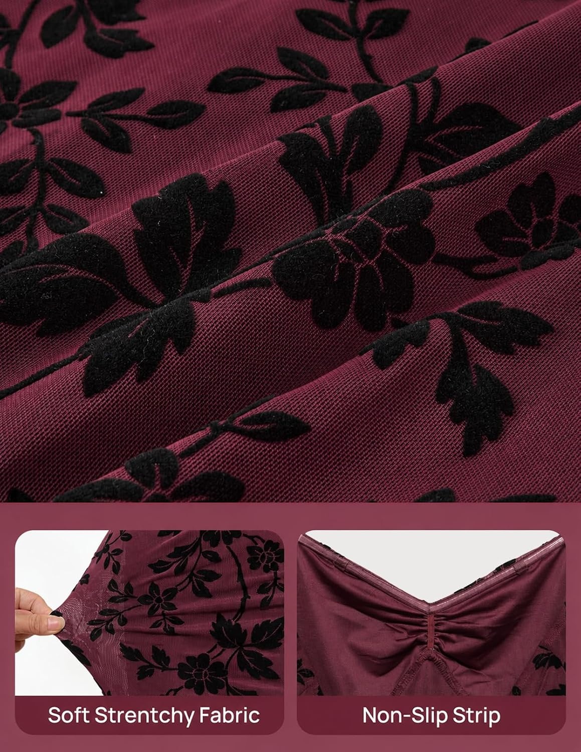 image:imageMEROKEETY Womens Off Shoulder Bodycon Fall 2026 Party Formal Maxi Dress Wedding Guest Cocktail Bell Long Sleeve Floral Mesh Ruched Bust 2026 Winter Elegant Sexy Trendy Date Night Club DressesBurgundy