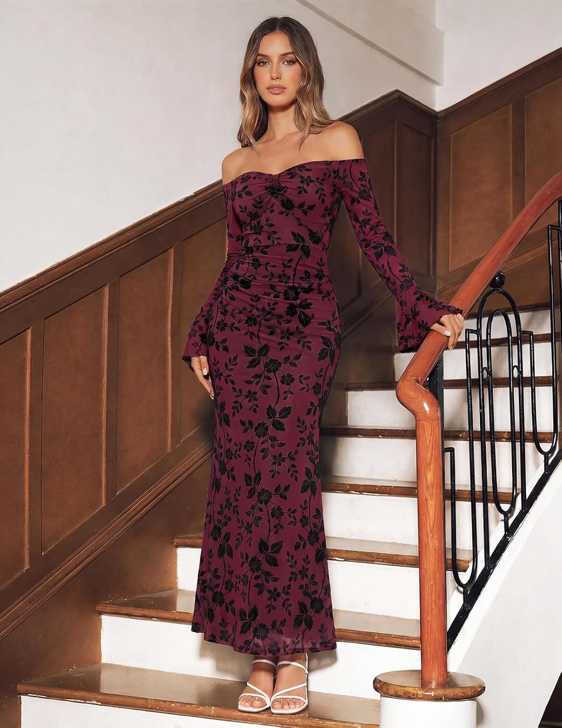 image:imageMEROKEETY Womens Off Shoulder Bodycon Fall 2026 Party Formal Maxi Dress Wedding Guest Cocktail Bell Long Sleeve Floral Mesh Ruched Bust 2026 Winter Elegant Sexy Trendy Date Night Club DressesBurgundy