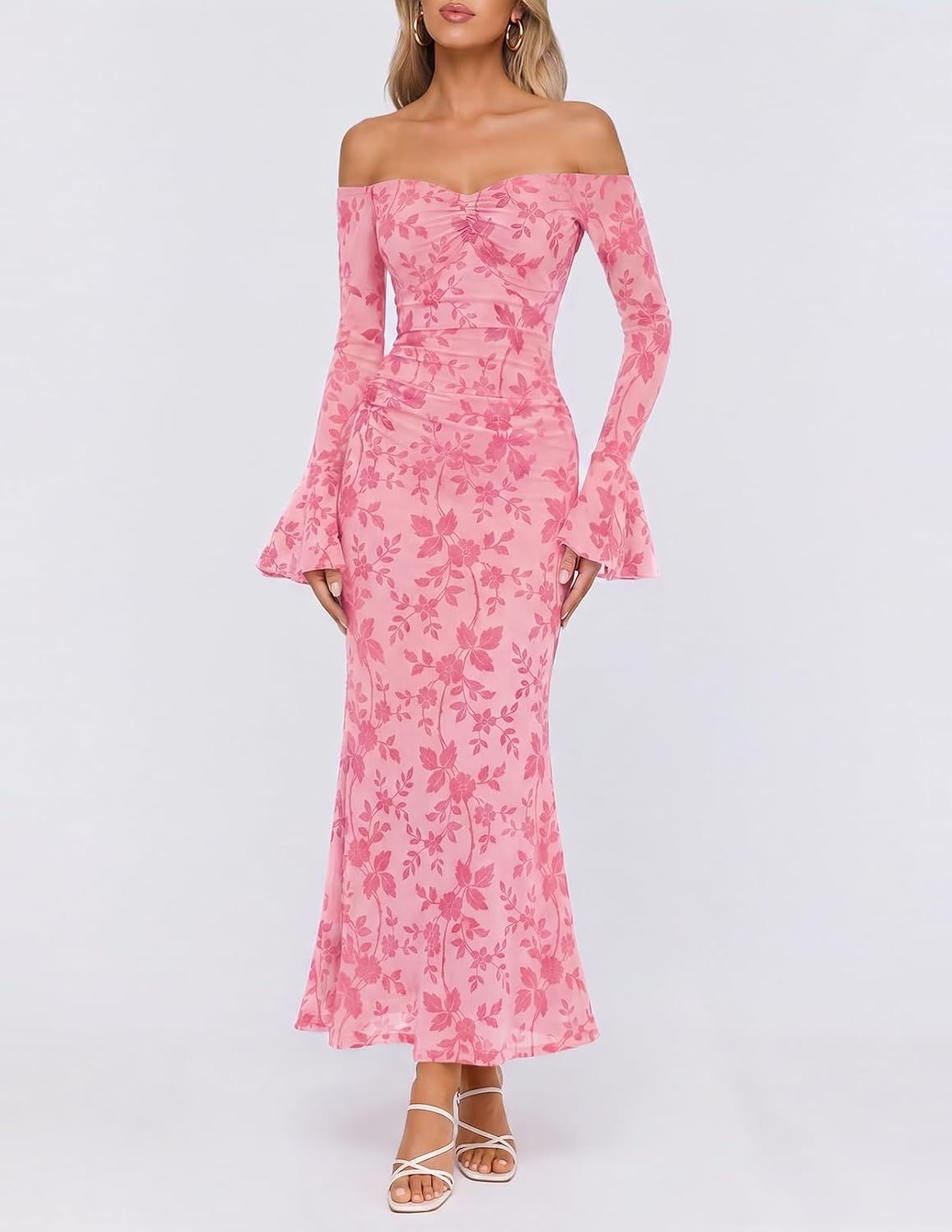 image:imageMEROKEETY Womens Off Shoulder Bodycon Fall 2026 Party Formal Maxi Dress Wedding Guest Cocktail Bell Long Sleeve Floral Mesh Ruched Bust 2026 Winter Elegant Sexy Trendy Date Night Club DressesPink