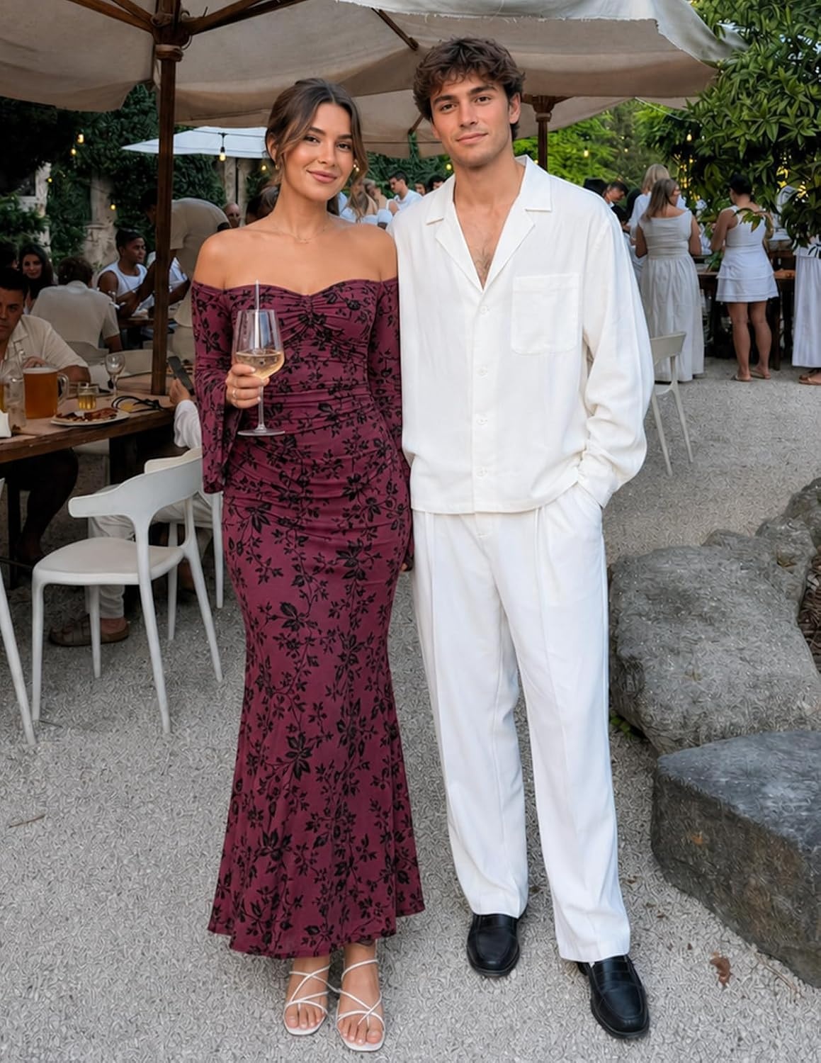 image:imageMEROKEETY Womens Off Shoulder Bodycon Fall 2026 Party Formal Maxi Dress Wedding Guest Cocktail Bell Long Sleeve Floral Mesh Ruched Bust 2026 Winter Elegant Sexy Trendy Date Night Club DressesBurgundy